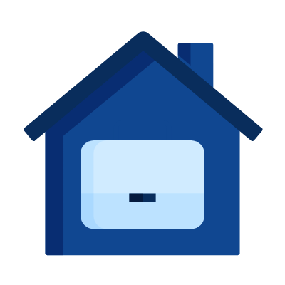 Blaues Haus-Symbol mit Dach und Schornstein in flachem Design.