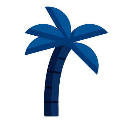 Stilisierte Palme mit gebogenem Stamm und fünf blauen Blättern.
