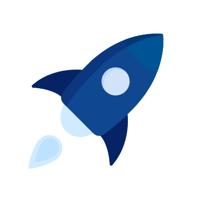 Blaue Rakete startet mit weißem Rauch nach unten rechts.