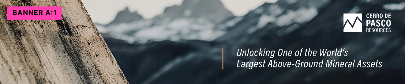 Mountains and rock with Cerro de Pasco Resources logo and text about unlocking mineral assets.