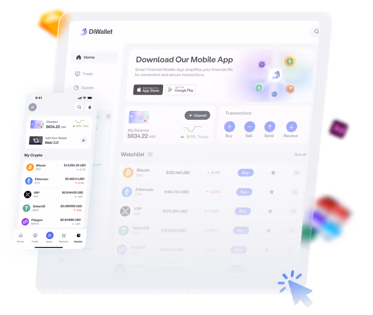 UI UX design service example showing a sleek mobile and desktop crypto dashboard with clean layout, smooth interactions, and app download options.
