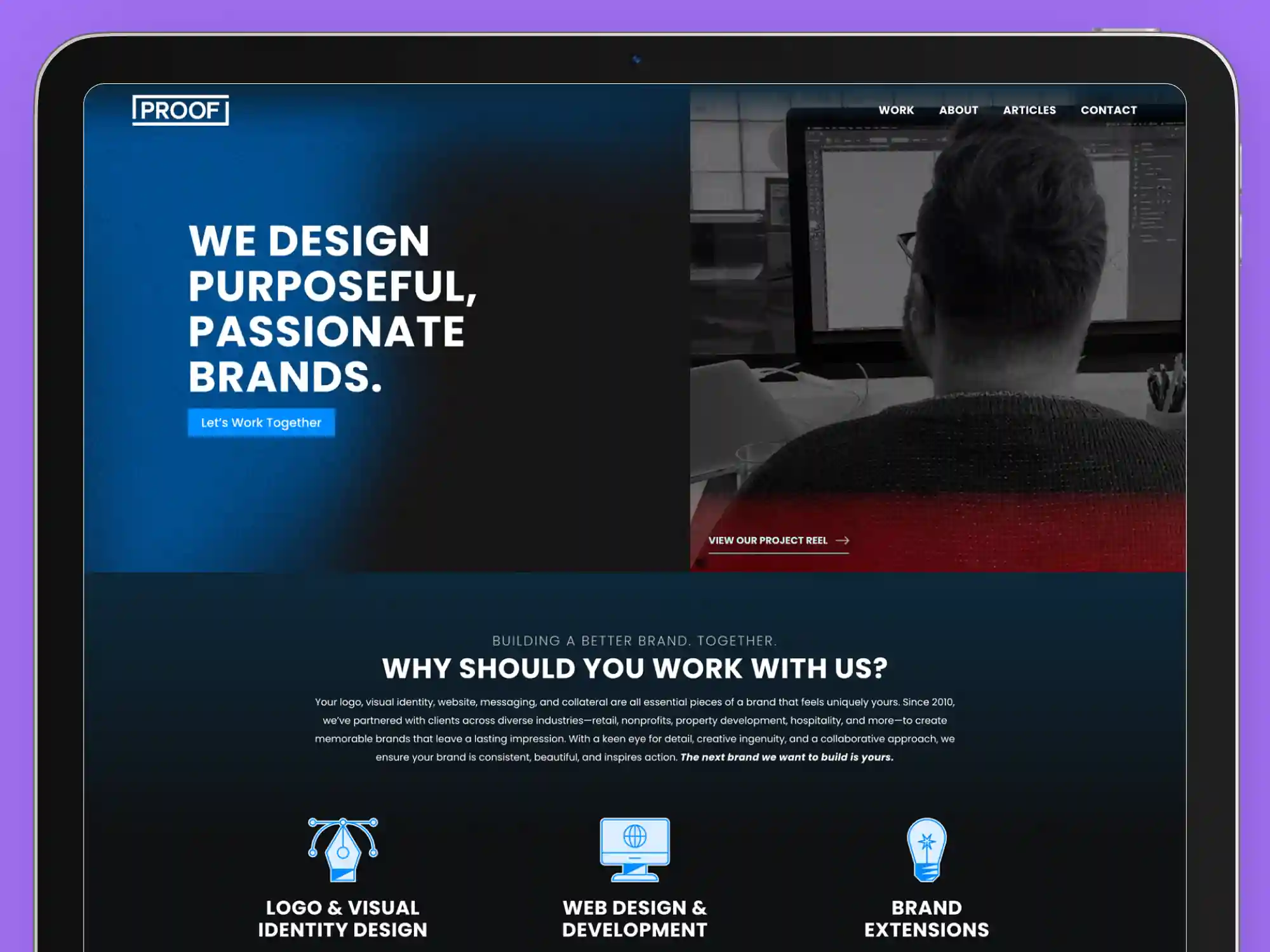 Proof Branding agency website showcasing purposeful brand development, logo design, and web design services
