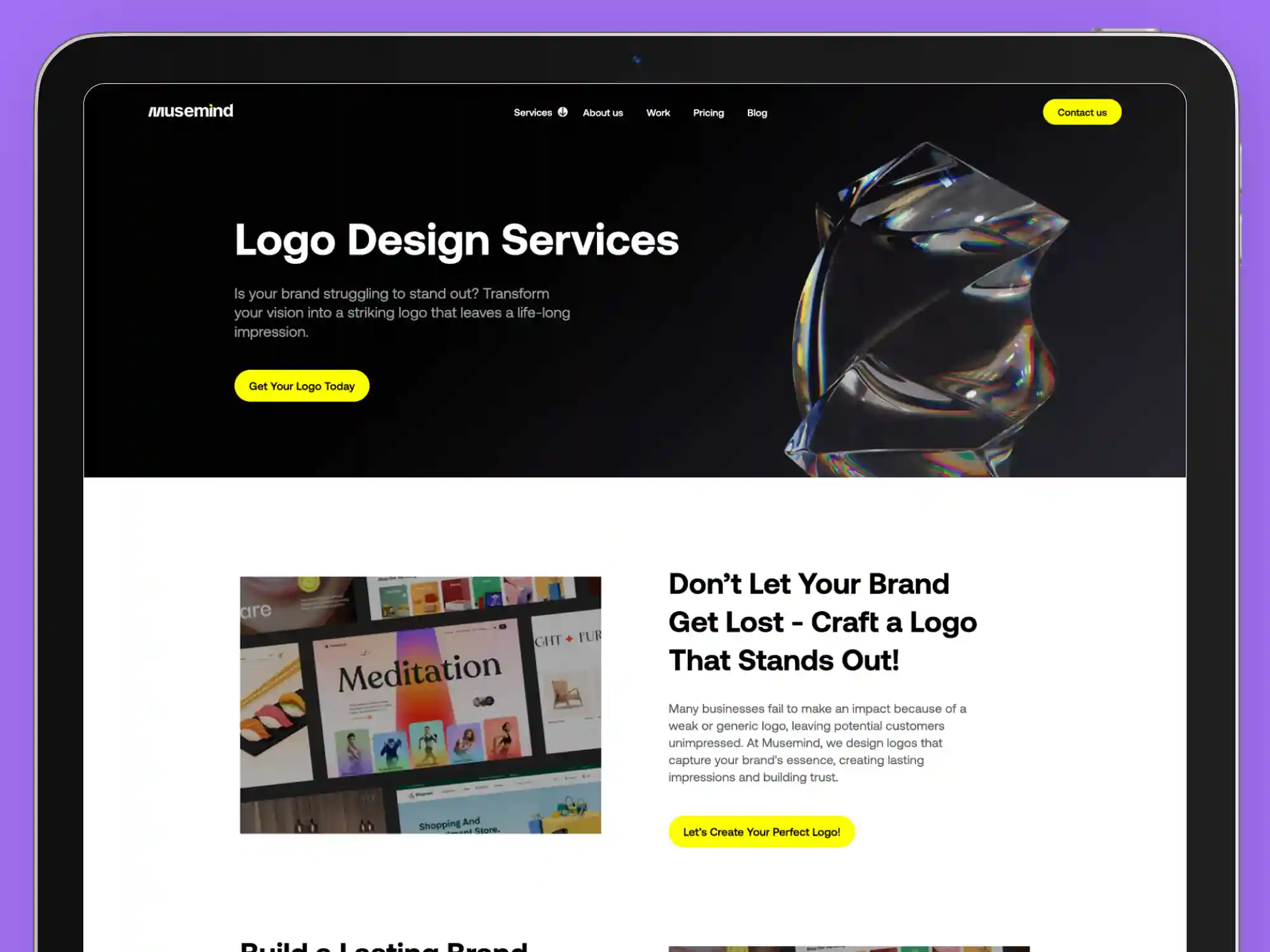 Musemind logo design agency website showcasing premium branding services. High-quality logo design solutions for businesses with a 95% client satisfaction rate.