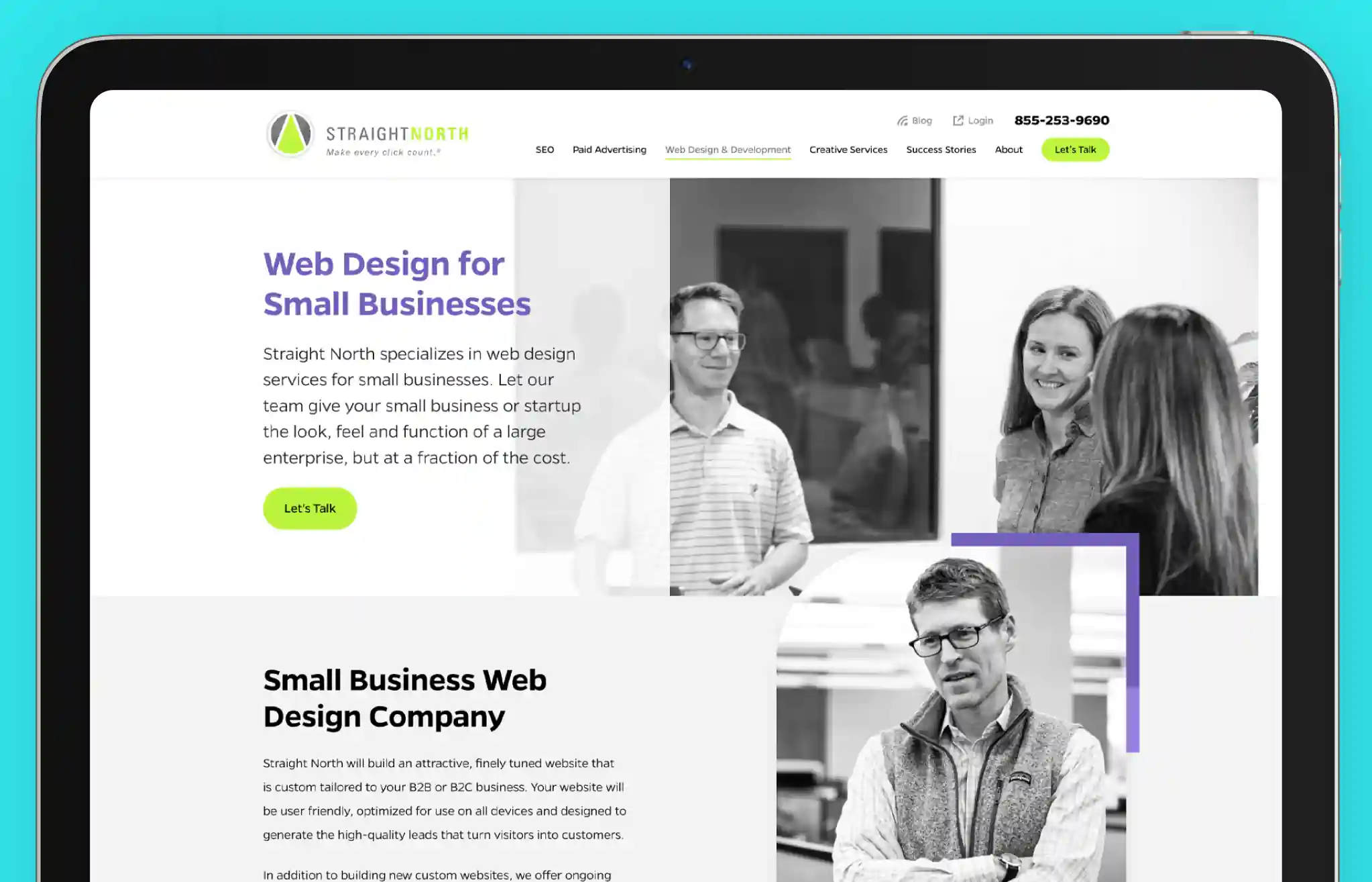 Straight North website screenshot showcasing web design services tailored for small businesses and startups.