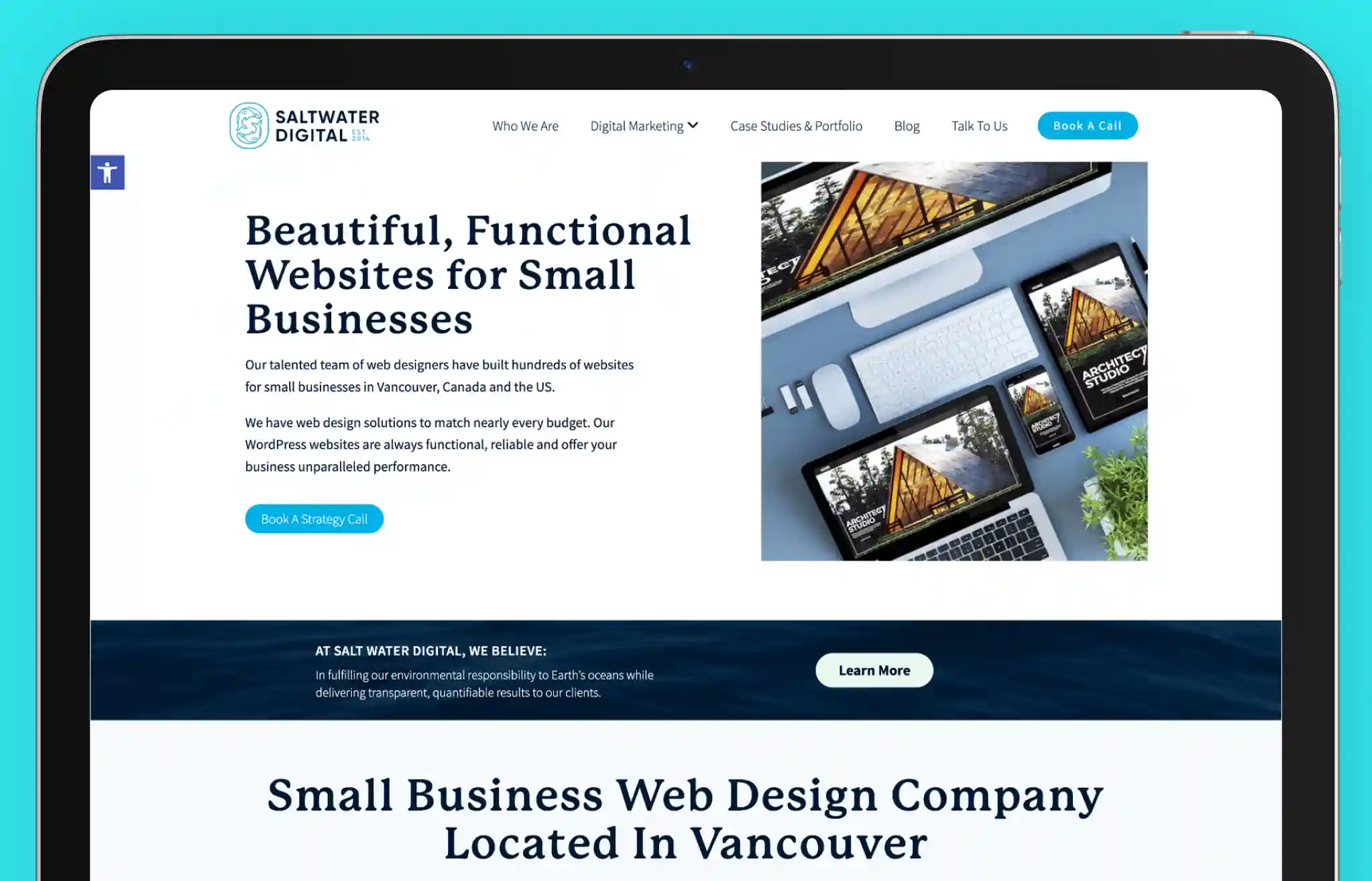 Salt Water Digital website's screenshot highlighting small business web design solutions with a focus on performance and reliability.