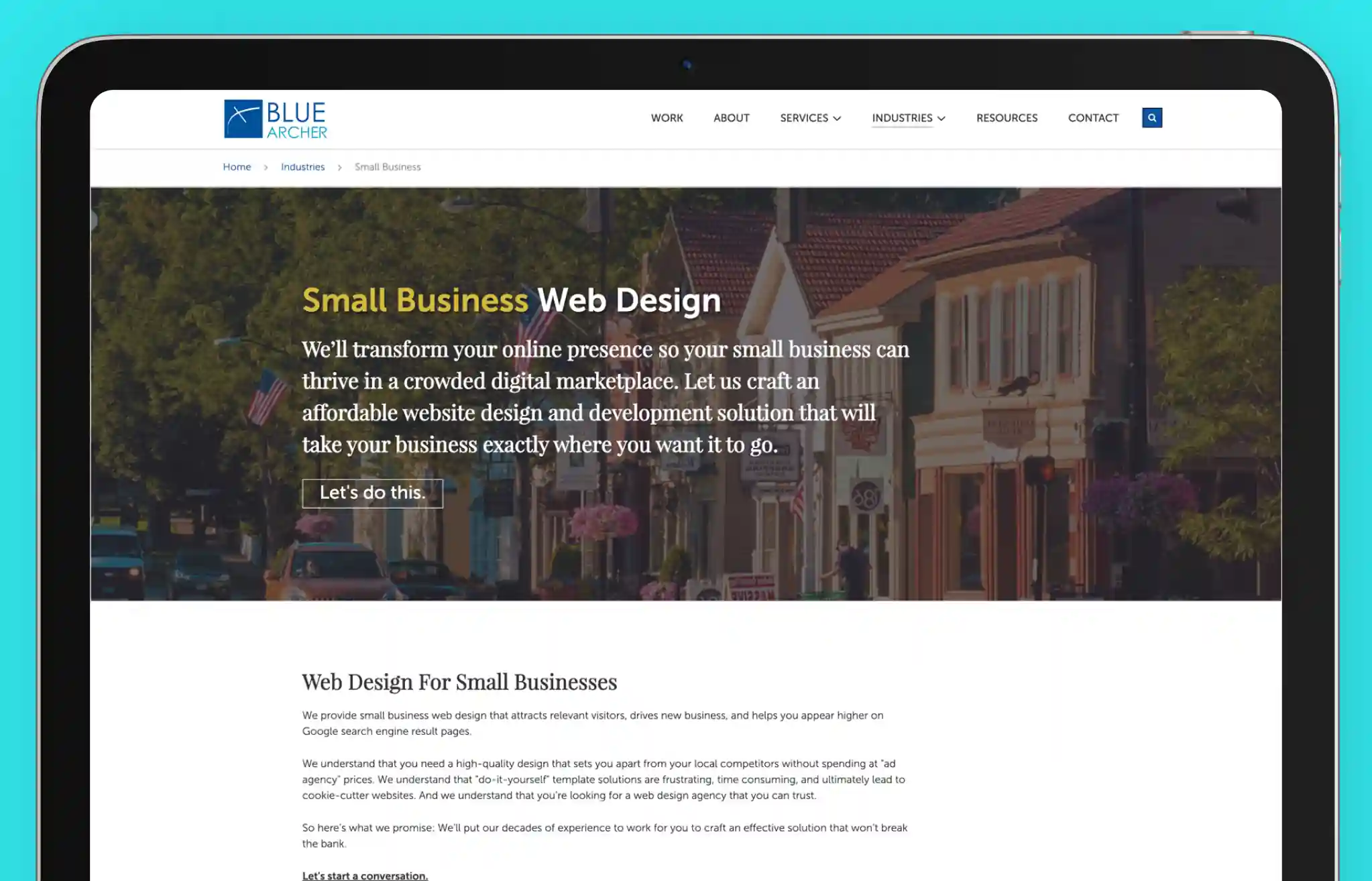 Blue Archer website screenshot displaying small business web design solutions for enhanced digital presence.