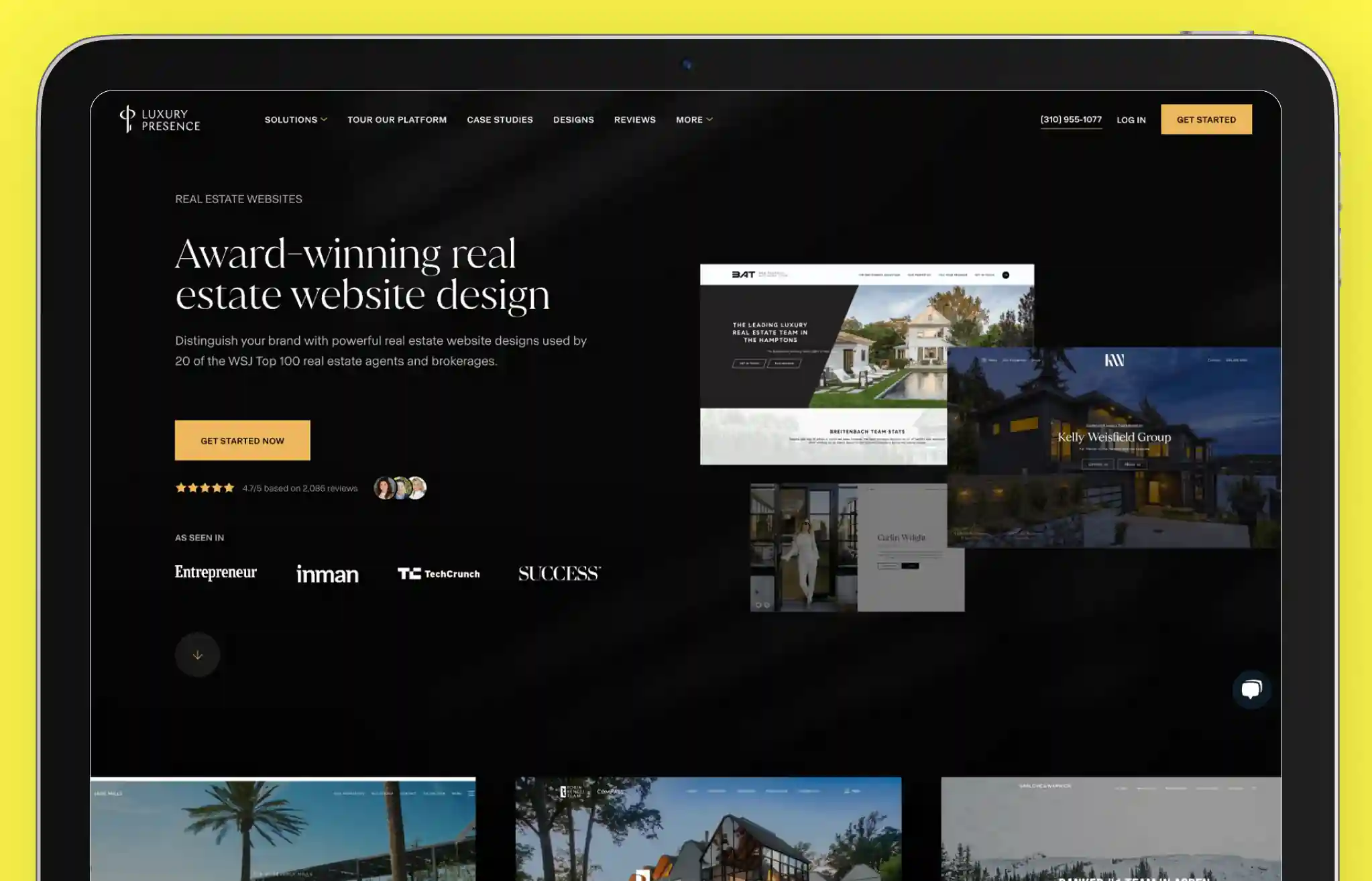 Screenshot of Luxury Presence’s website showcasing its award-winning real estate web design services. The page has a sleek black and gold theme with the headline 'Award-winning real estate website design.' A 'Get Started Now' button is prominently displayed, alongside a 4.9-star rating based on over 2,000 reviews. The image also features sample real estate website designs, highlighting Luxury Presence’s expertise in high-end, lead-generating websites for top agents and brokerages.