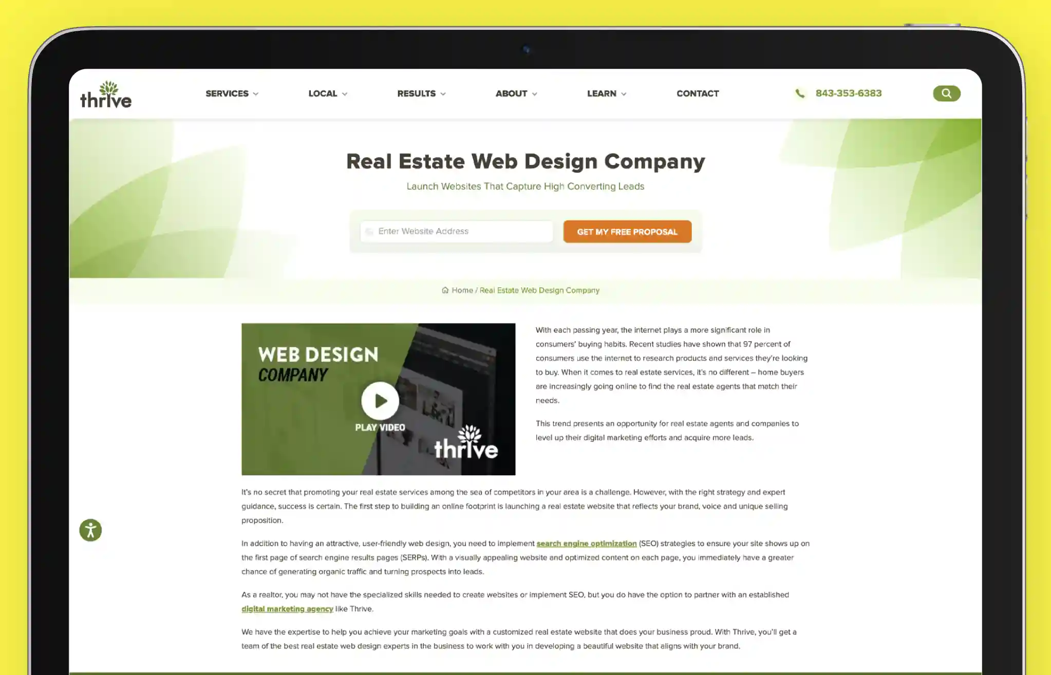 Screenshot of Thrive Agency’s website promoting its real estate web design services. The page features a clean green and white layout with the headline 'Real Estate Web Design Company – Launch Websites That Capture High Converting Leads.' A prominent call-to-action button labeled 'Get My Free Proposal' encourages lead generation. Additional sections highlight web design solutions, video content, and digital marketing strategies tailored for real estate professionals.