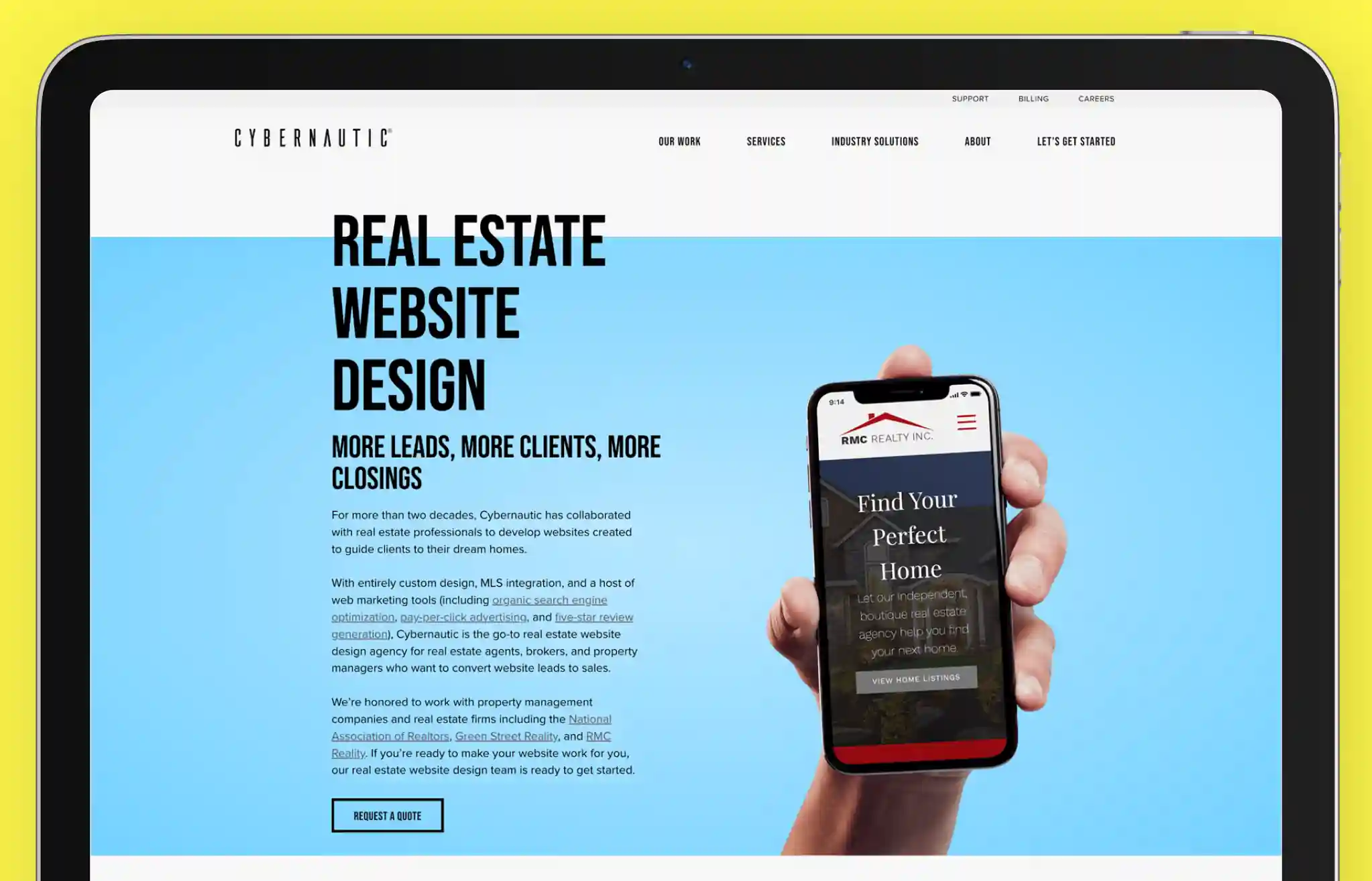 Screenshot of Cybernautic’s website promoting its real estate website design services. The page features a blue and white theme with bold text stating 'Real Estate Website Design – More Leads, More Clients, More Closings.' A call-to-action button labeled 'Let’s Talk' is visible, along with an image of a smartphone displaying a real estate search interface. Cybernautic specializes in custom MLS-integrated websites with SEO, pay-per-click advertising, and lead generation tools for real estate professionals.
