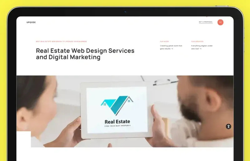 Screenshot of UPQODE’s website showcasing its real estate web design and digital marketing services. The page features a clean, modern layout with bold text stating 'Real Estate Web Design Services and Digital Marketing.' Navigation links highlight key offerings such as SEO, custom content marketing, and PPC campaigns. A 'Get a Proposal' button is visible in the top-right corner, emphasizing UPQODE’s focus on lead generation and mobile-optimized real estate website solutions.