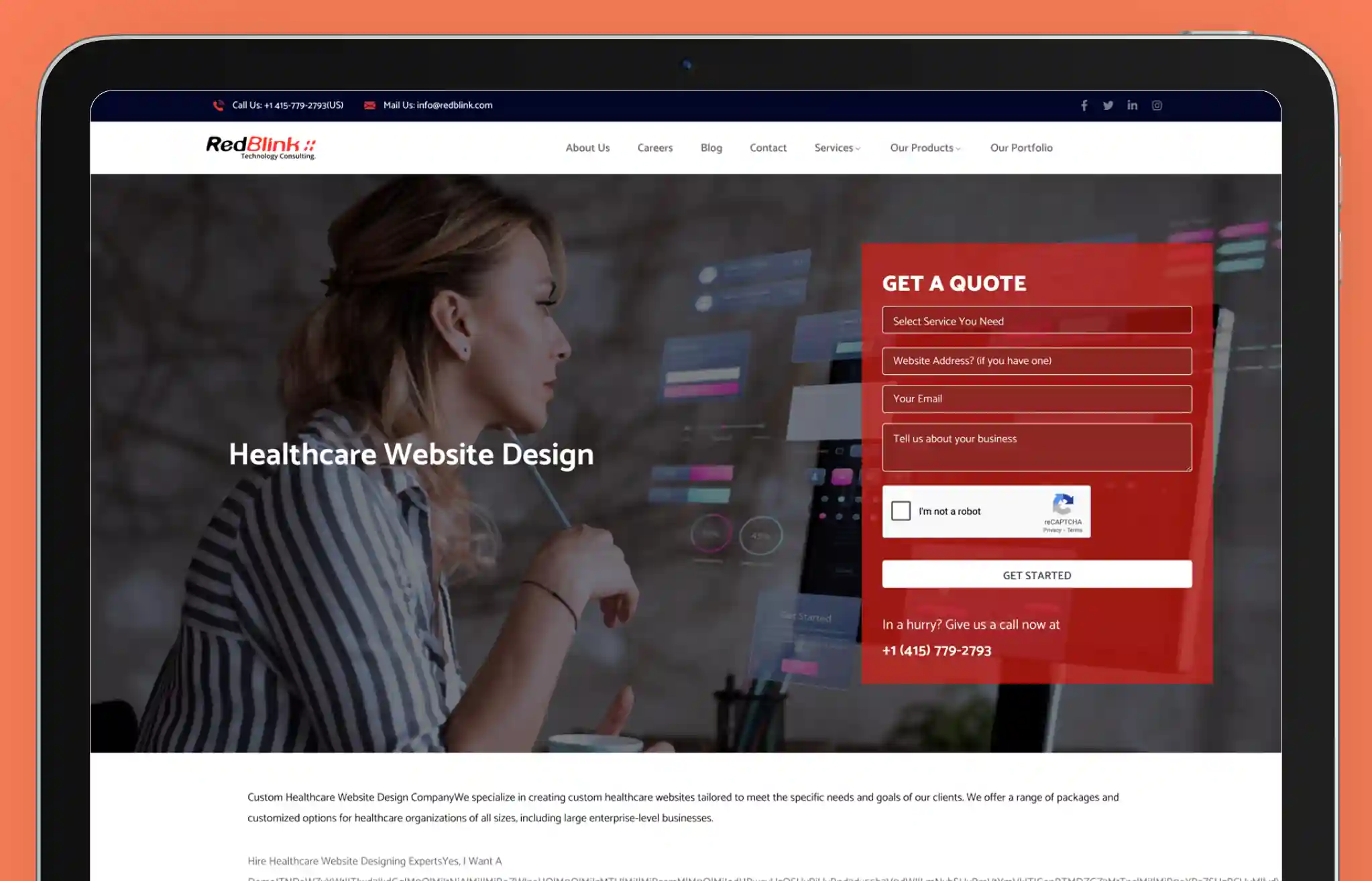 Screenshot of Red Blink Technology’s website showcasing healthcare web design services with HIPAA compliance. The design features a modern interface with a red and white theme, emphasizing secure and patient-focused solutions. A 'Get a Quote' form is prominently displayed, allowing businesses to request custom web development services. The image includes a medical professional interacting with a digital interface, reinforcing the brand’s expertise in healthcare technology.