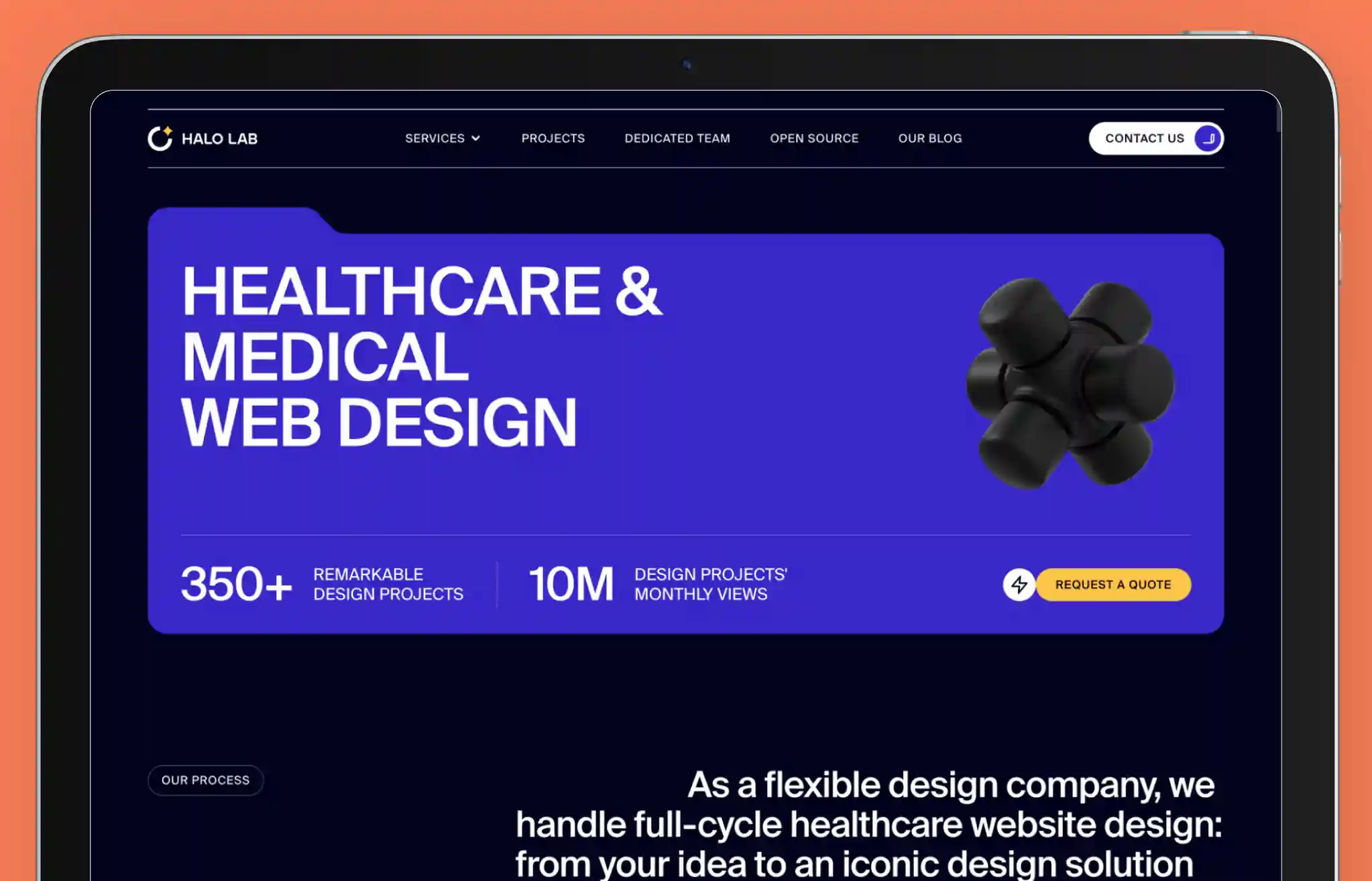 Screenshot of Halo Lab’s website showcasing 'Healthcare & Medical Web Design' services. The design features a bold purple theme with modern UI elements, emphasizing innovation in medical web solutions. Key metrics such as '350+ remarkable design projects' and '10M design projects’ monthly views' highlight industry credibility. A 'Request a Quote' button is prominently displayed for lead generation, along with a 'Contact Us' option for inquiries.