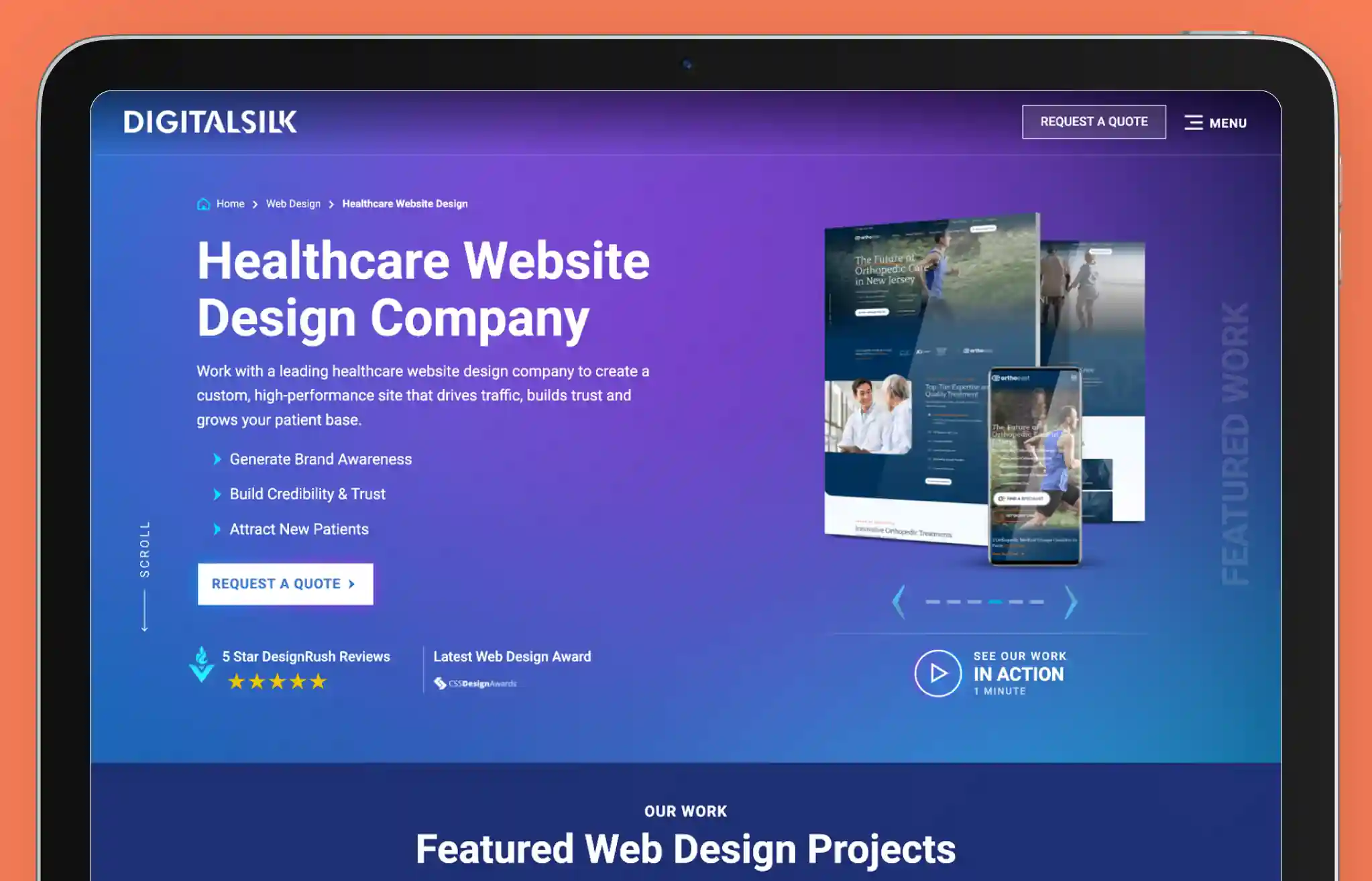 Screenshot of Digital Silk’s website featuring healthcare web design services. The page has a modern purple gradient theme, highlighting Digital Silk’s expertise in ADA-compliant, secure, and high-performance medical websites. Key offerings such as 'Generate Brand Awareness,' 'Build Credibility & Trust,' and 'Attract New Patients' emphasize business growth. A 'Request a Quote' button is prominently displayed for lead generation, along with a 5-star rating from DesignRush reviews.