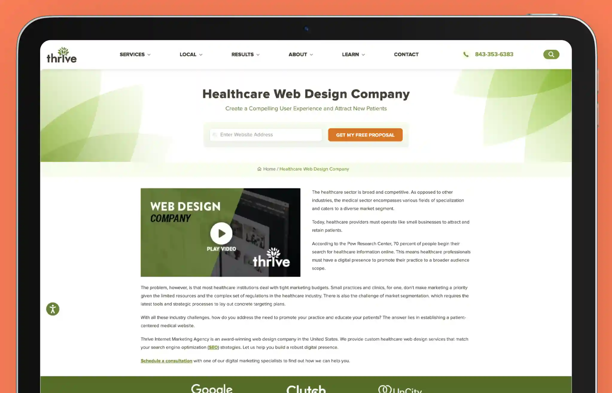 Screenshot of Thrive Agency’s website showcasing healthcare web design services. The page features a clean green and white theme, emphasizing SEO-friendly and conversion-focused medical website solutions. A 'Get My Free Proposal' button is prominently displayed, highlighting lead generation. The content focuses on mobile-first design, patient engagement, and industry compliance, reinforcing Thrive’s expertise in digital strategy for healthcare providers.
