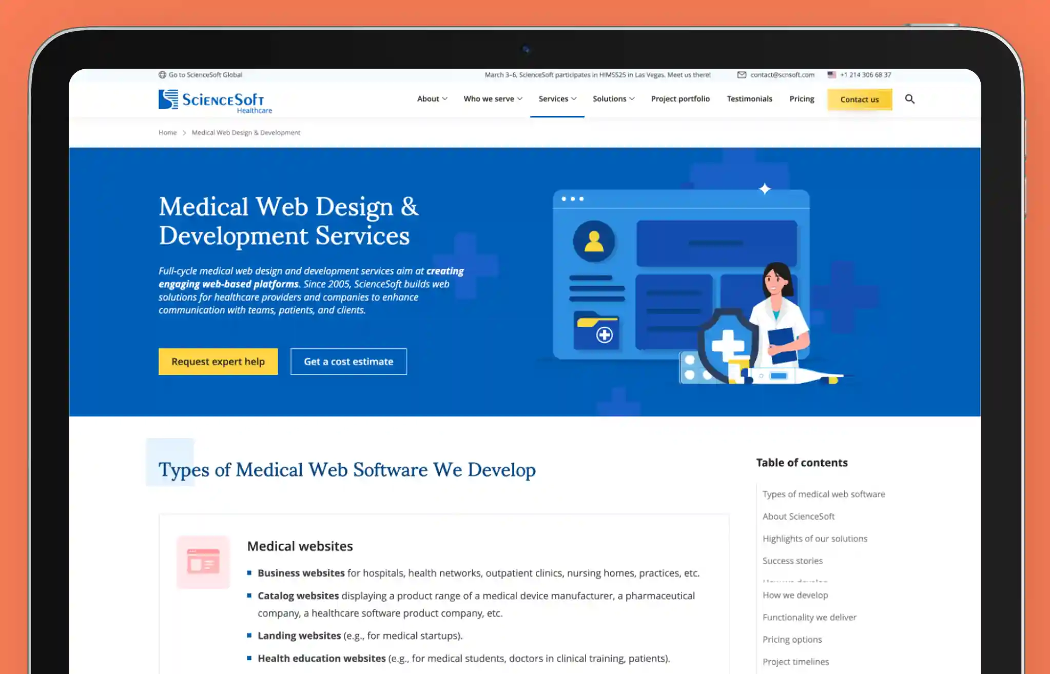 Screenshot of ScienceSoft’s website highlighting medical web design and development services. The page features a professional blue theme with an illustration of a healthcare professional, emphasizing compliance-driven and patient-focused web solutions. Key offerings include patient portals, telemedicine platforms, and medical website development. A 'Request Expert Help' button is prominently displayed, showcasing ScienceSoft’s expertise in creating secure and scalable healthcare IT solutions.