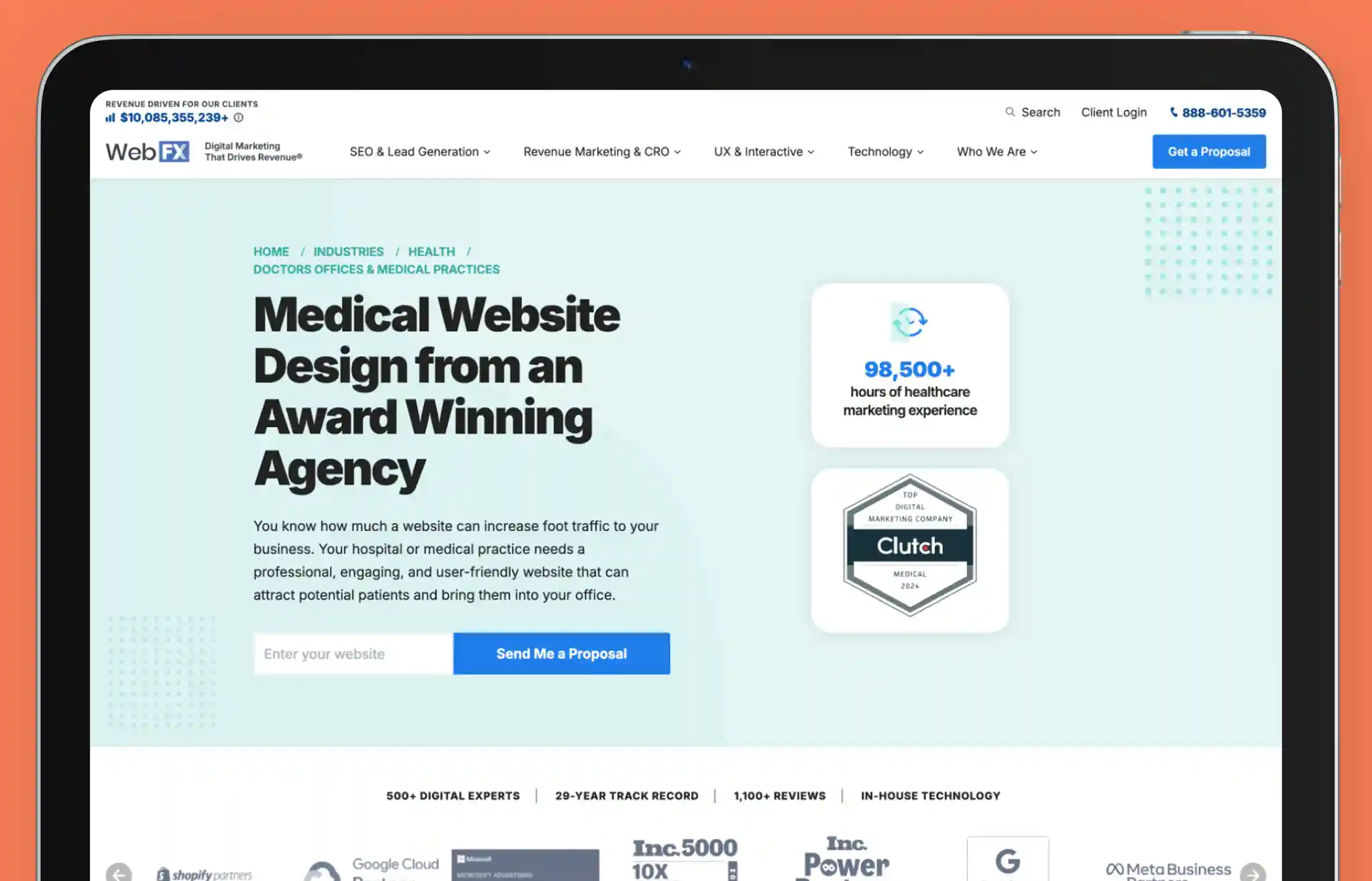 Screenshot of WebFX’s website showcasing award-winning medical website design services. The page has a clean, modern interface with a light blue theme, highlighting expertise in healthcare web development. Key elements include '98,500+ hours of healthcare marketing experience' and a Clutch award badge, reinforcing credibility. A 'Send Me a Proposal' button is prominently displayed, emphasizing lead generation for medical practices and hospitals.
