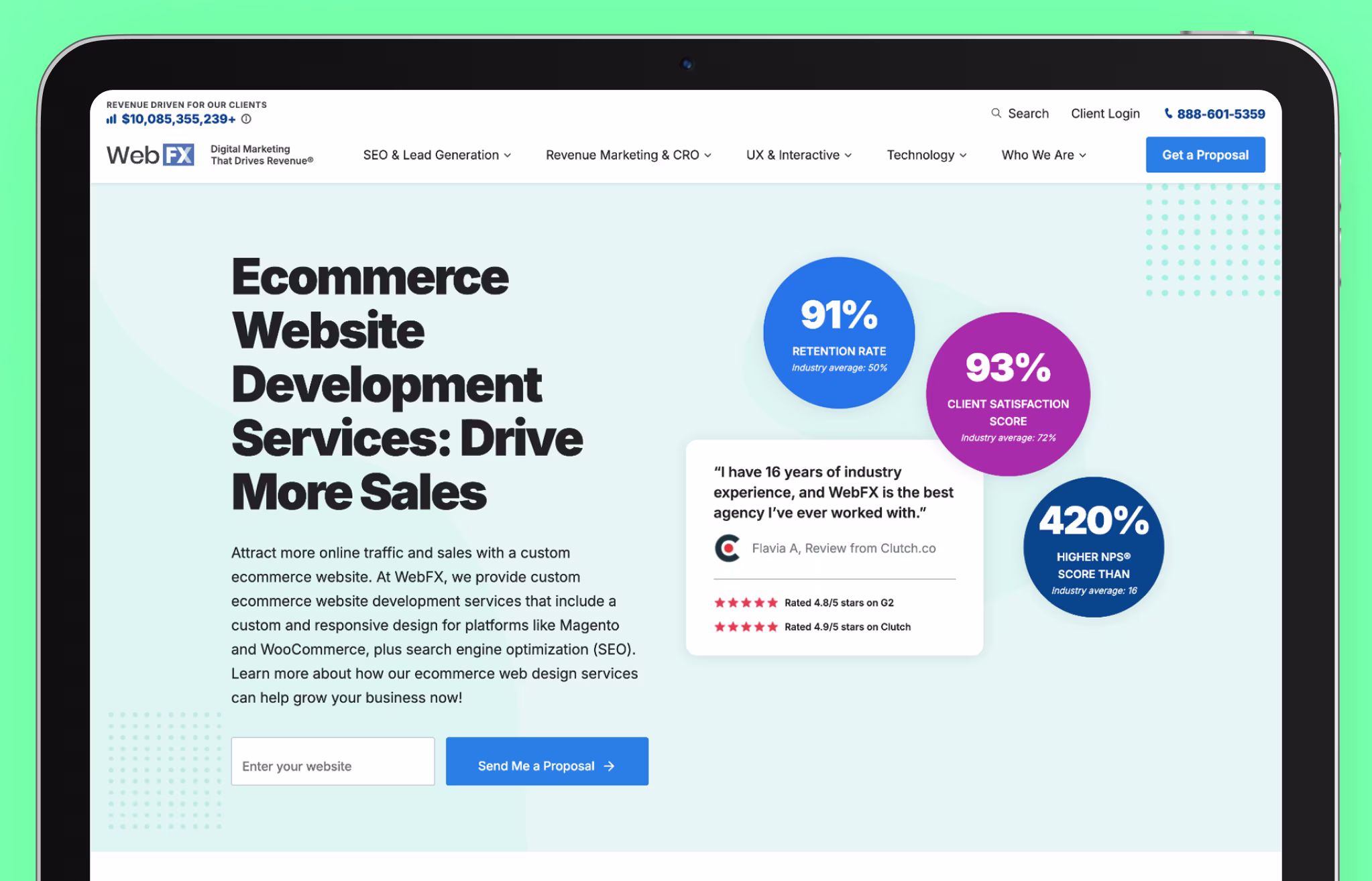 Screenshot of a webpage featuring WebFX, ranked as the second-best eCommerce web design company. The page highlights WebFX’s expertise in creating custom, SEO-friendly eCommerce websites tailored to platforms like Magento and WooCommerce. The image includes a heading that reads "Ecommerce Website Development Services: Drive More Sales," followed by a description of their services. It also features key performance metrics, such as a 91% retention rate, 93% client satisfaction score, and a 420% higher NPS score than the industry average. A client review praising WebFX’s expertise is also displayed, along with ratings from G2 and Clutch.