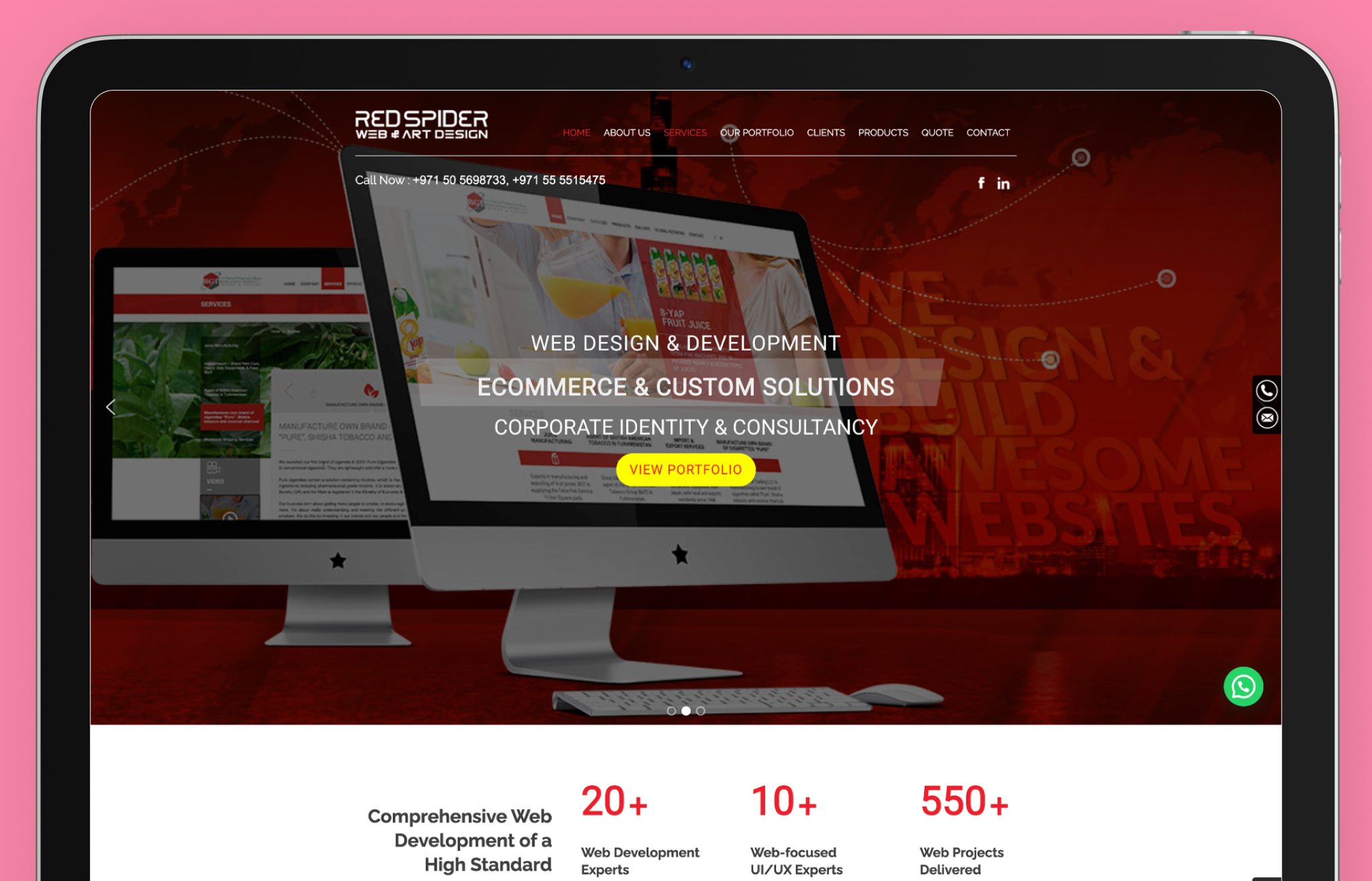 Redspider web design agency website displayed on a tablet screen with a bold red-themed background. The hero section highlights key services, including web design and development, eCommerce solutions, and corporate identity consultancy. A prominent 'View Portfolio' button encourages user engagement. Two iMac screens showcase sample projects, reinforcing the agency’s expertise in visually appealing and functional web design. Below, a metrics section highlights achievements, such as 20+ web development experts, 10+ UI/UX specialists, and over 550 projects delivered.