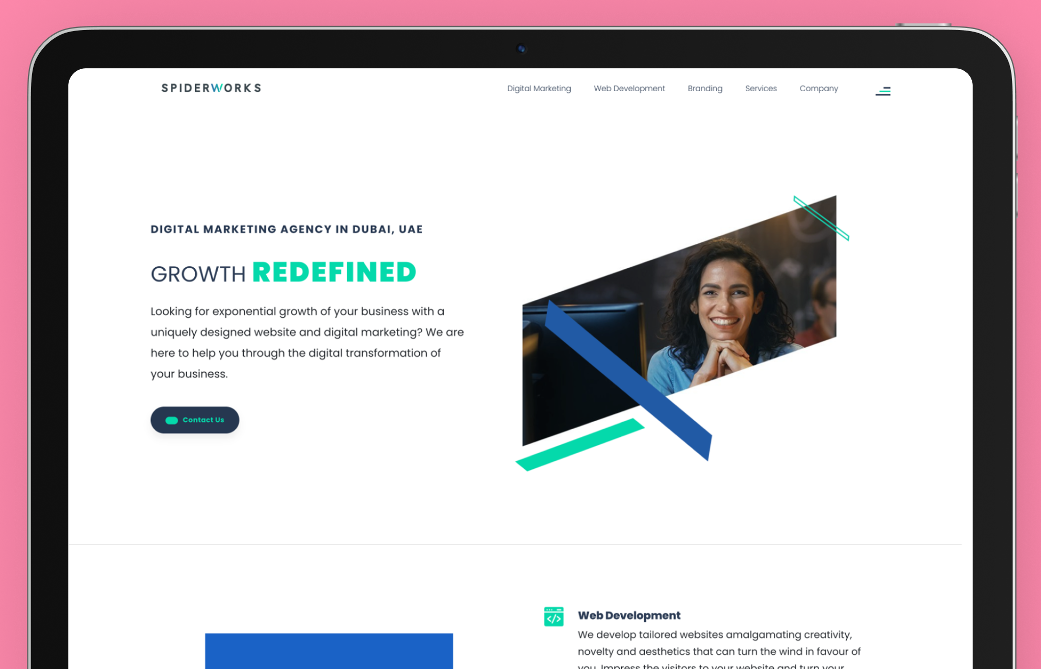 SpiderWorks web design agency website displayed on a tablet screen with a clean, modern layout. The hero section features bold text stating 'Digital Marketing Agency in Dubai, UAE' with the tagline 'Growth Redefined,' emphasizing business growth through digital solutions. A call-to-action button labeled 'Contact Us' invites user engagement. To the right, a professional woman is featured in a stylized geometric cutout, symbolizing innovation and client-focused services. The navigation menu at the top highlights offerings such as web development, branding, and digital marketing.