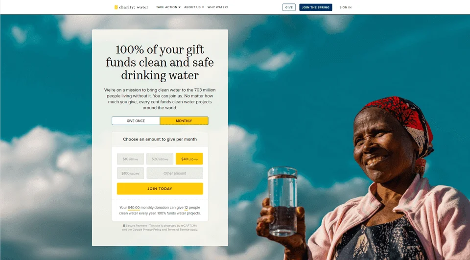 non profit website example - charitywater.org