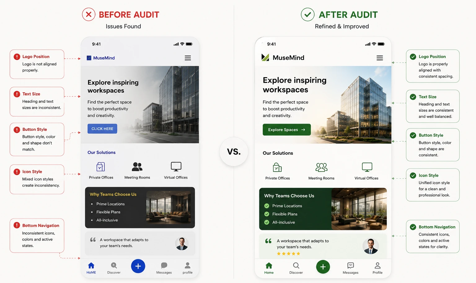 UI audit before vs after redesign