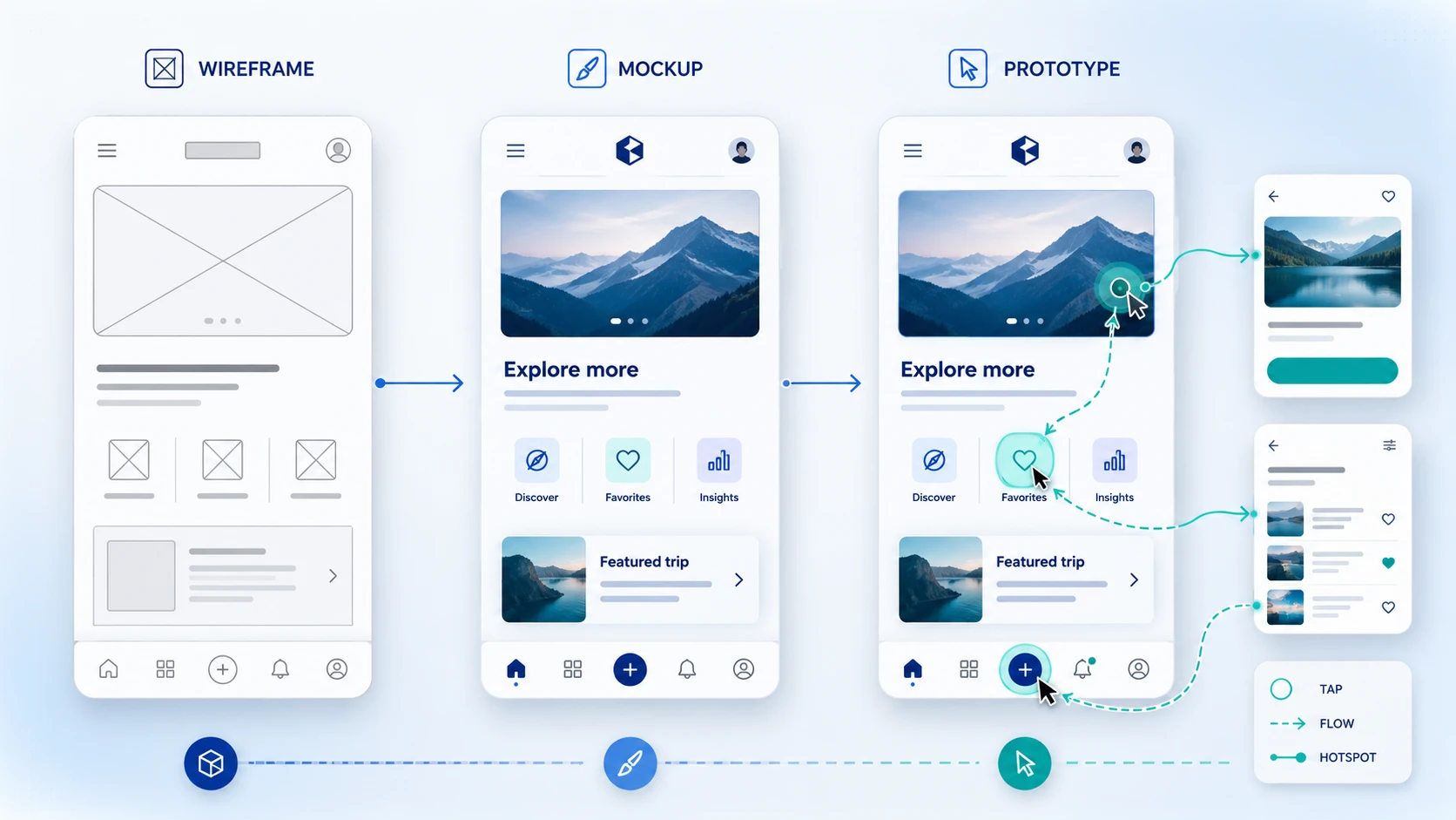 wireframe vs mockup vs prototype comparison diagram