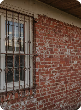 White window with decorative metal bars set in a red brick wall under a wooden roof.