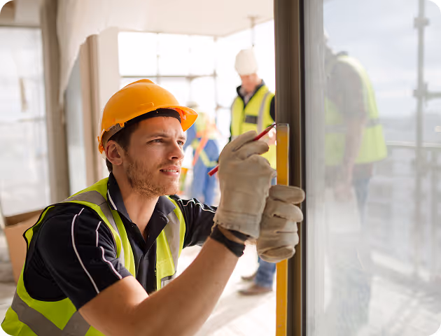 Construction worker in an orange hard hat and reflective vest marking measurements on a window frame inside a building.