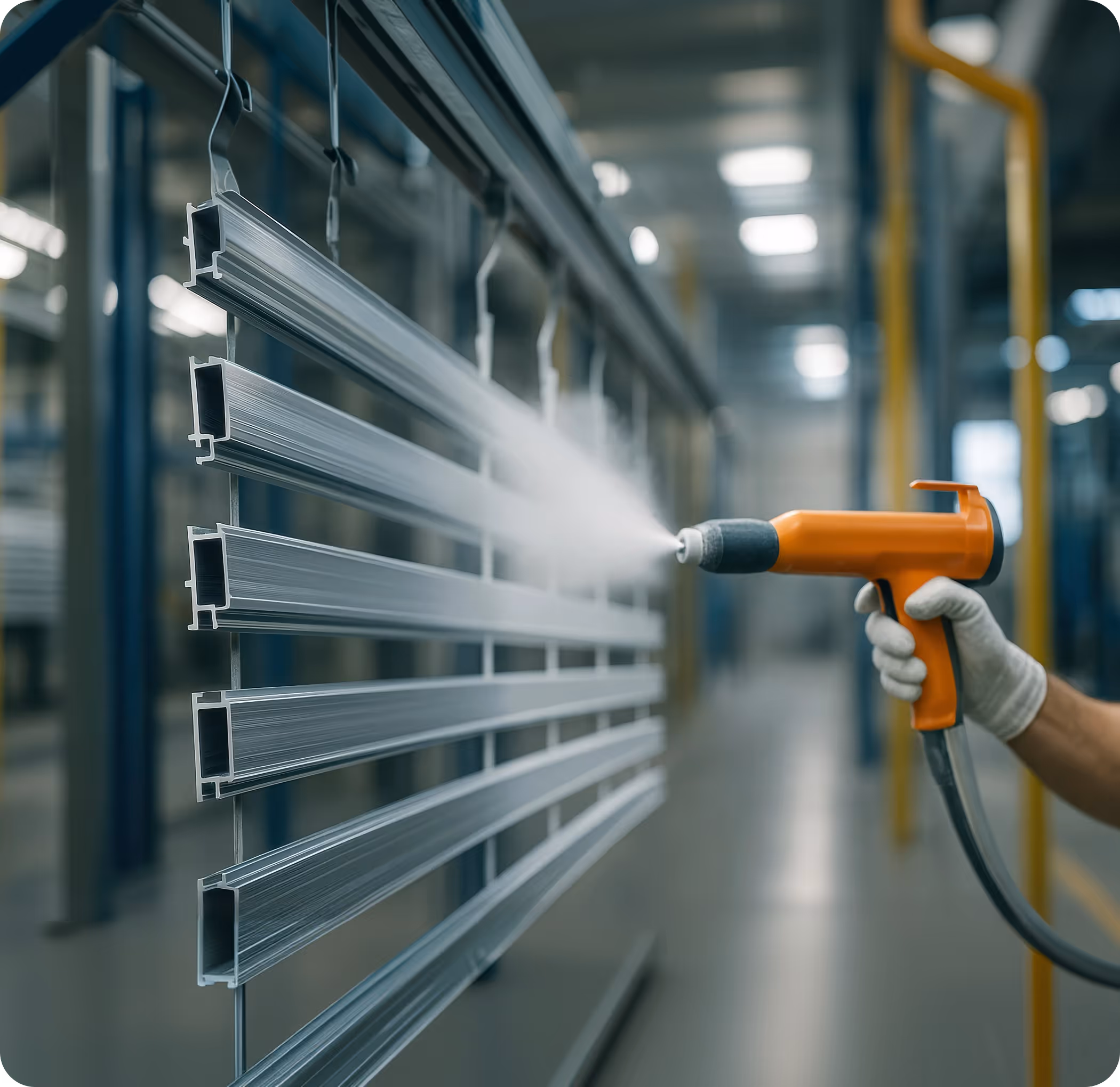 Person with gloves spraying metal profiles with paint in an industrial setting.