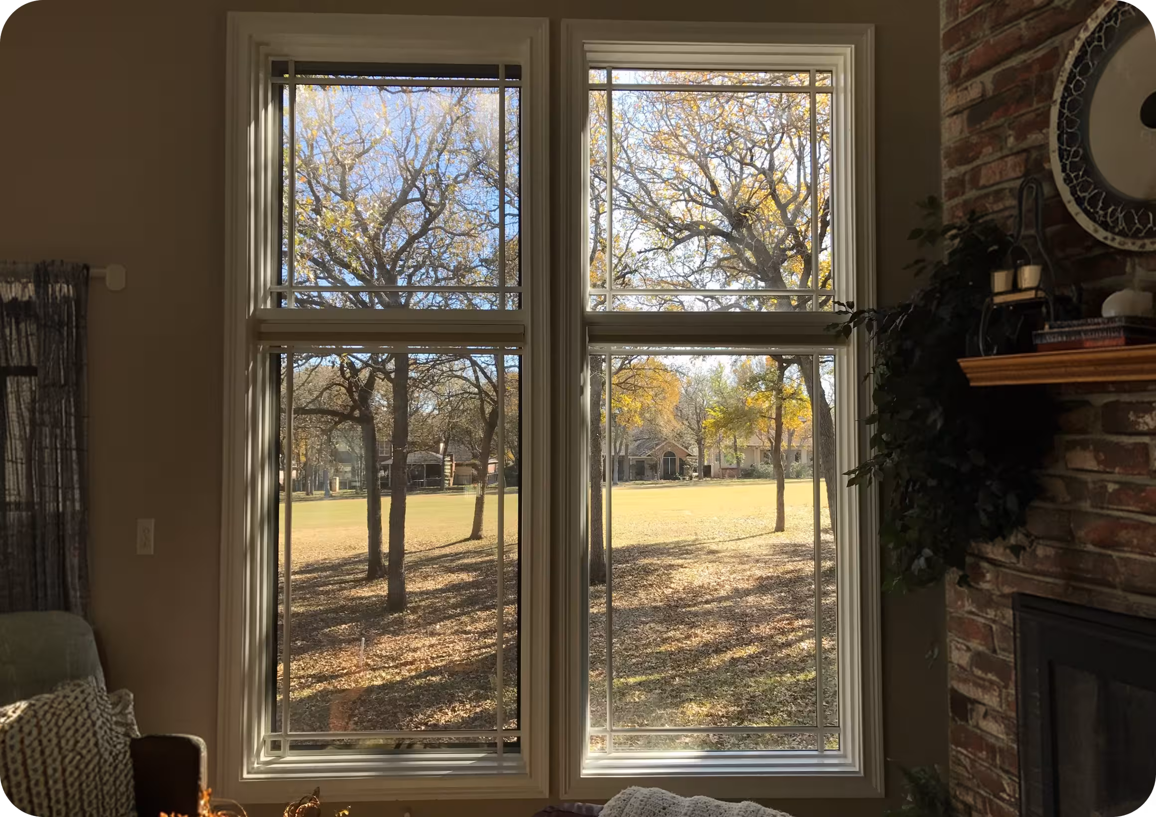 Sunny view through a double-paned window showing leafless trees, a grassy area with fallen leaves, and houses in the distance.
