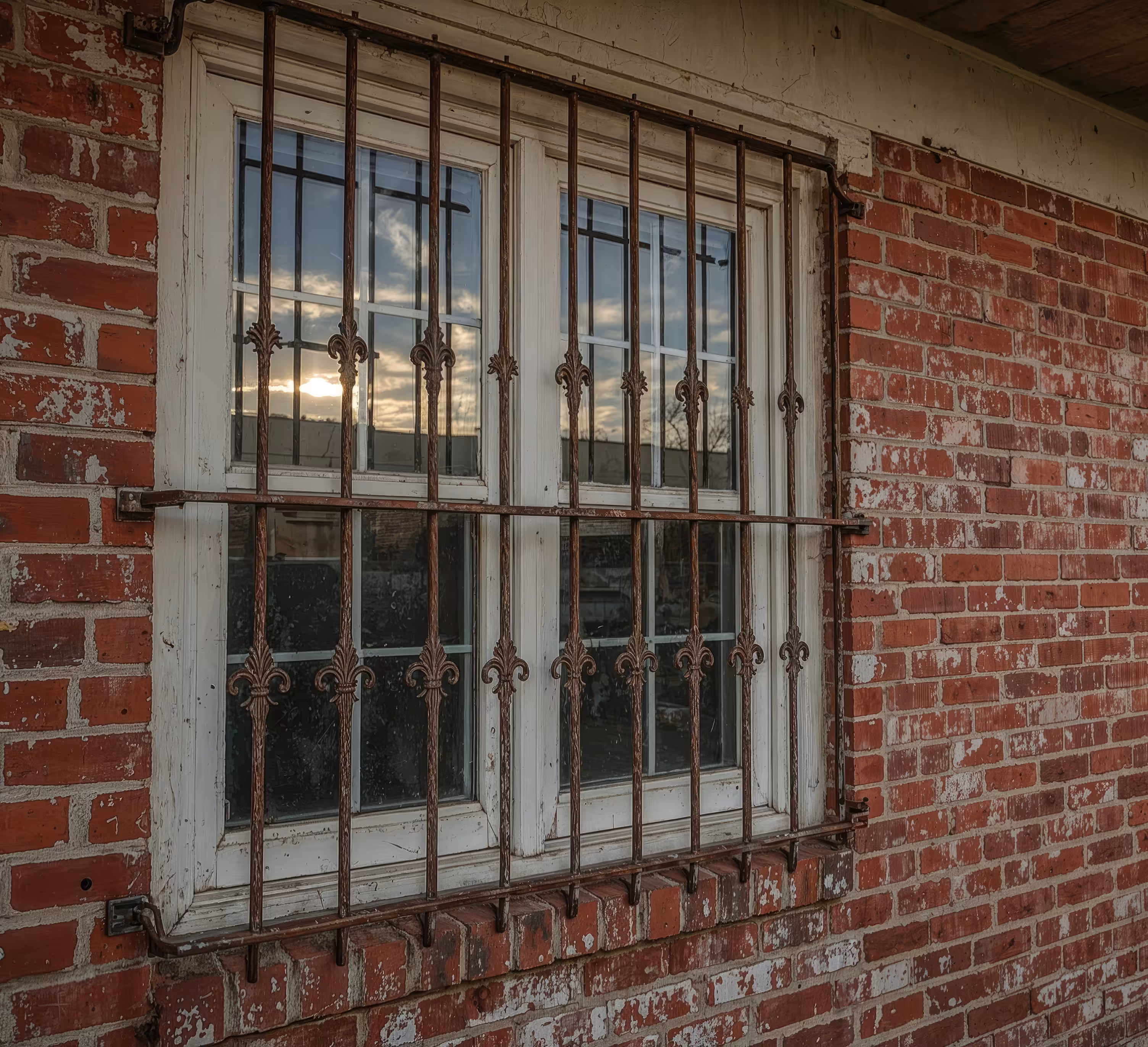 Rusty metal security bars on a white-framed window set in a weathered red brick wall with peeling paint.