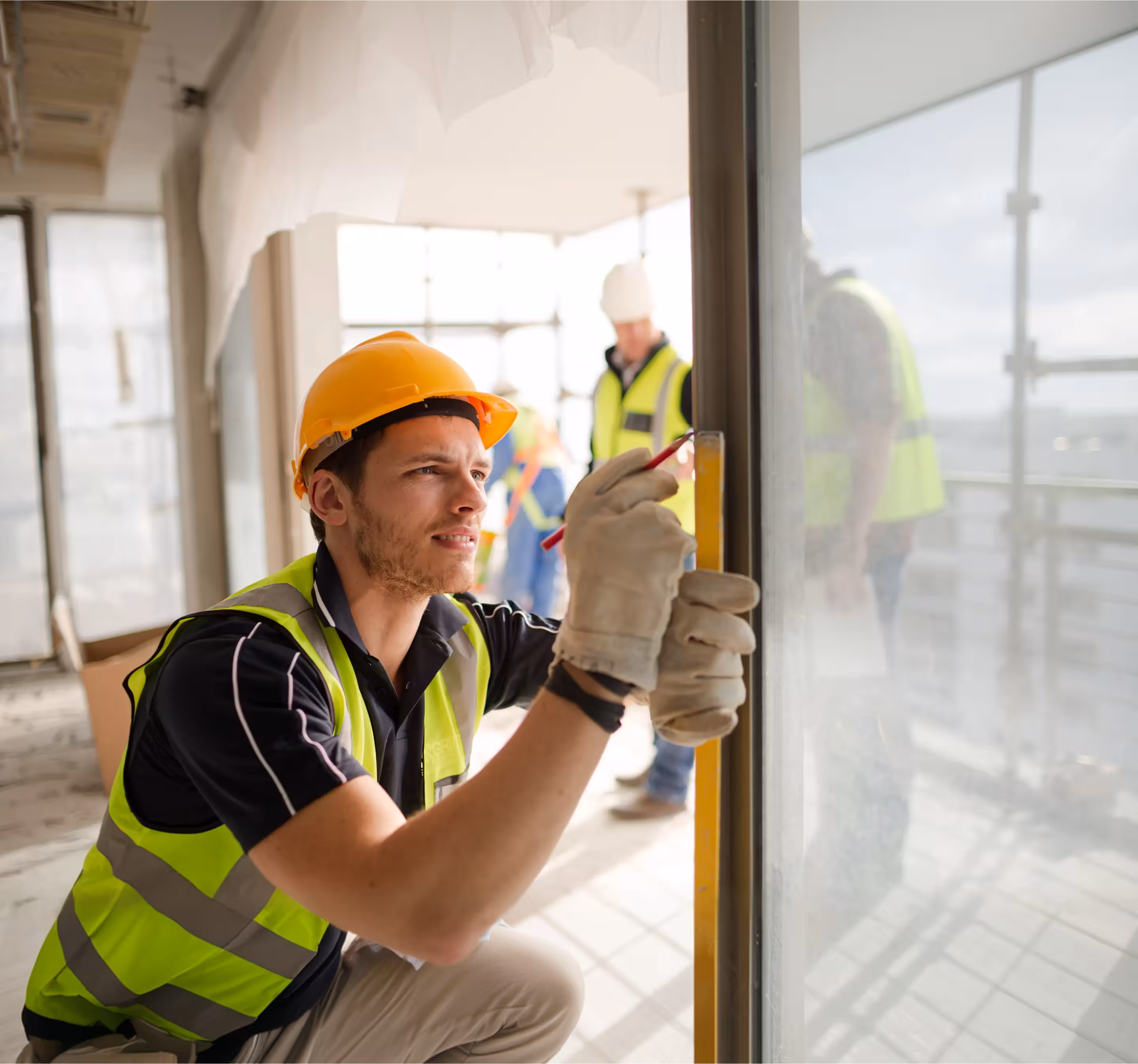 Construction worker wearing a yellow hard hat and reflective vest kneels while measuring a window frame with a level and pencil.