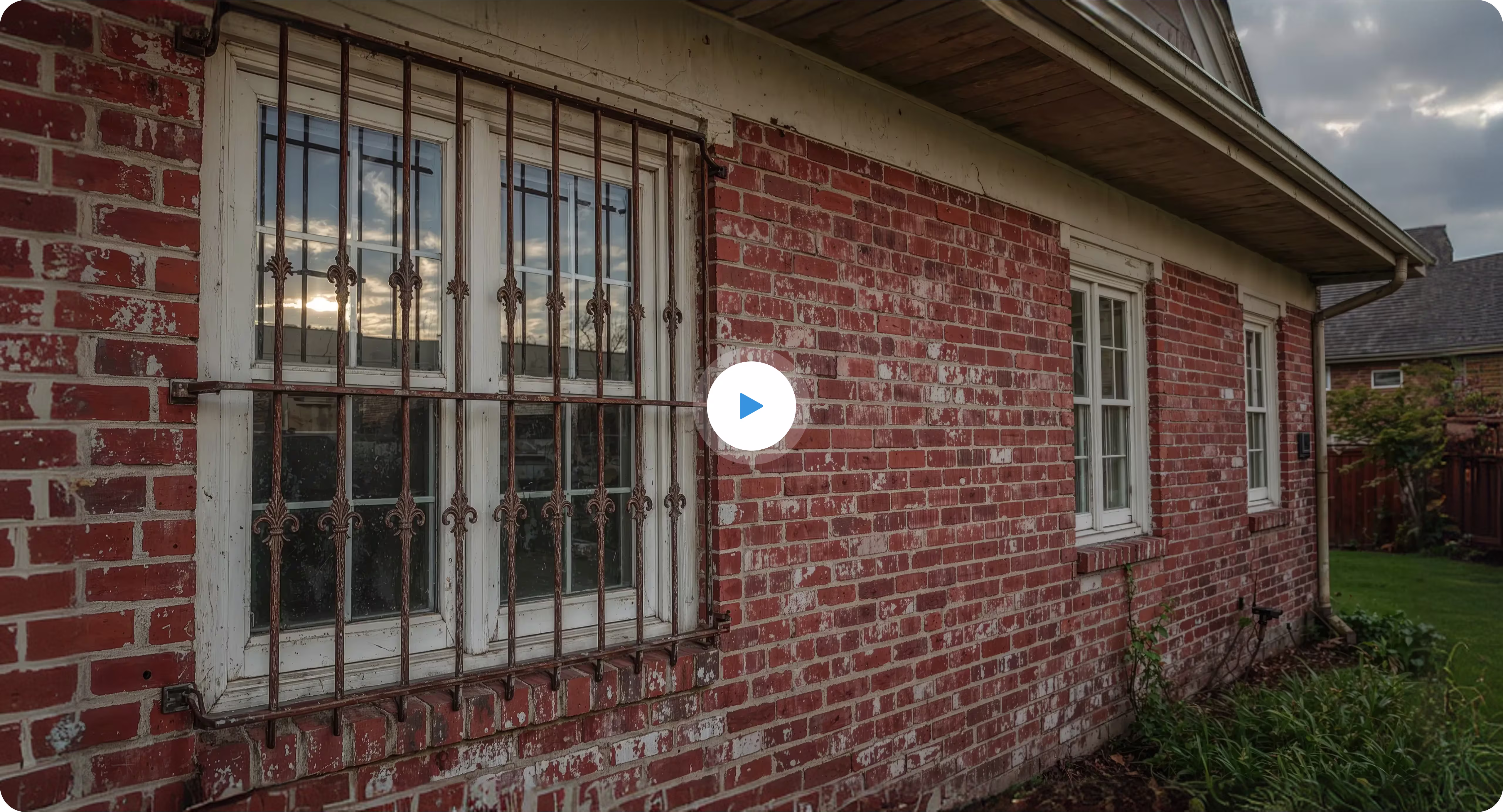 Brick house exterior with a window covered by ornate metal bars and a garden with grass and plants along the side.