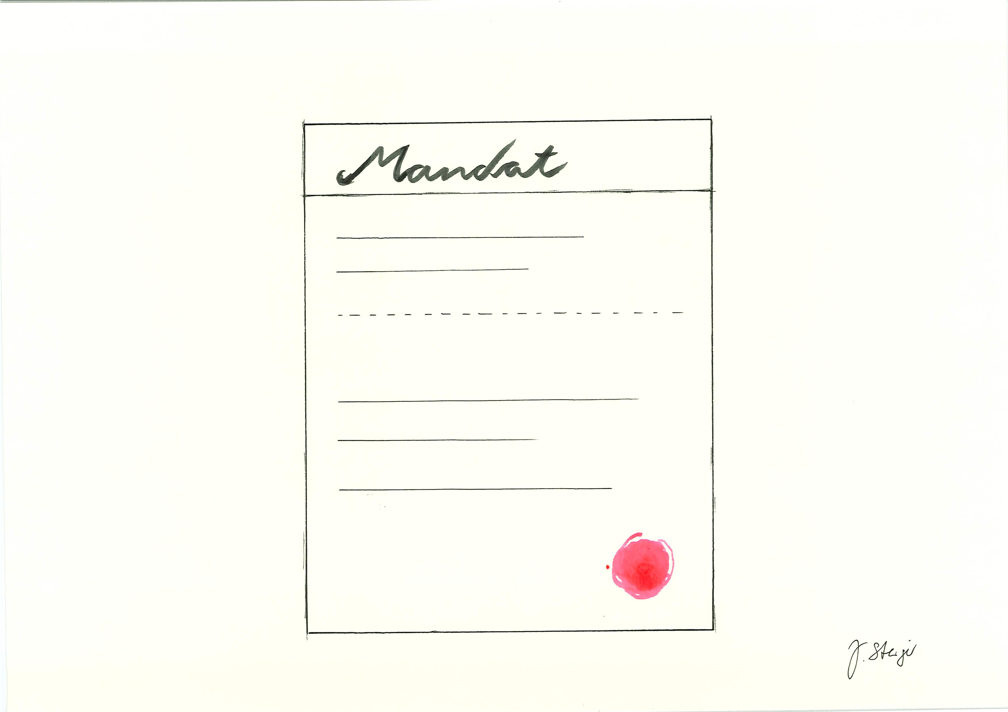 Skizze eines Dokuments mit der Überschrift ‚Mandat‘ und einem roten Siegel unten rechts.