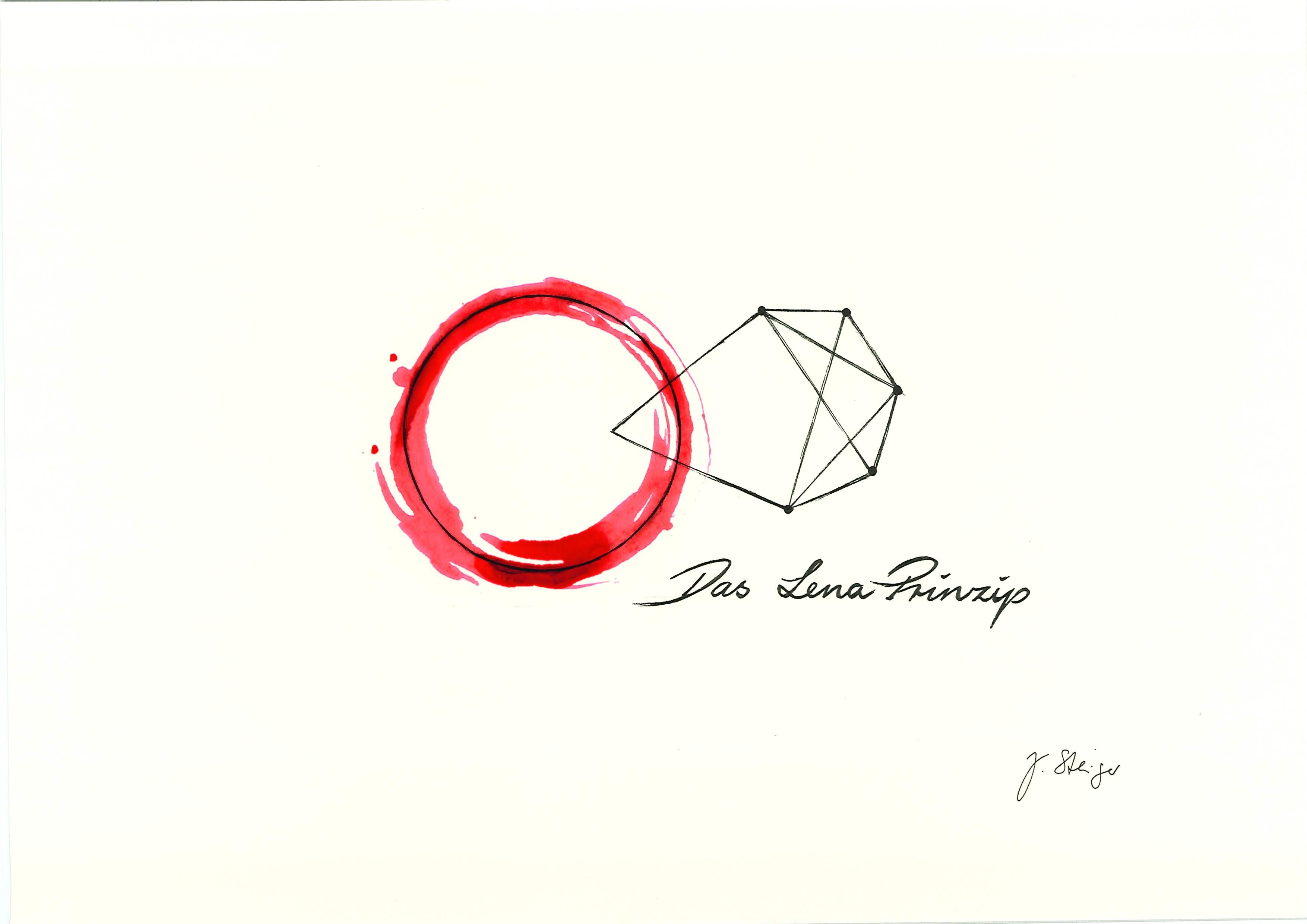 Roter Aquarellring mit verbundenen schwarzen Punkten und Linien daneben, darunter der Schriftzug ‚Das Lena-Prinzip‘ in Handschrift.