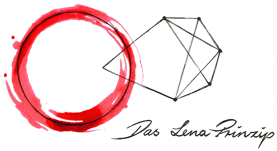 Ein roter, aquarellähnlicher Kreis neben einem geometrischen Liniennetzwerk mit Punkten und dem handgeschriebenen Text ‚Das Lena Prinzip‘.