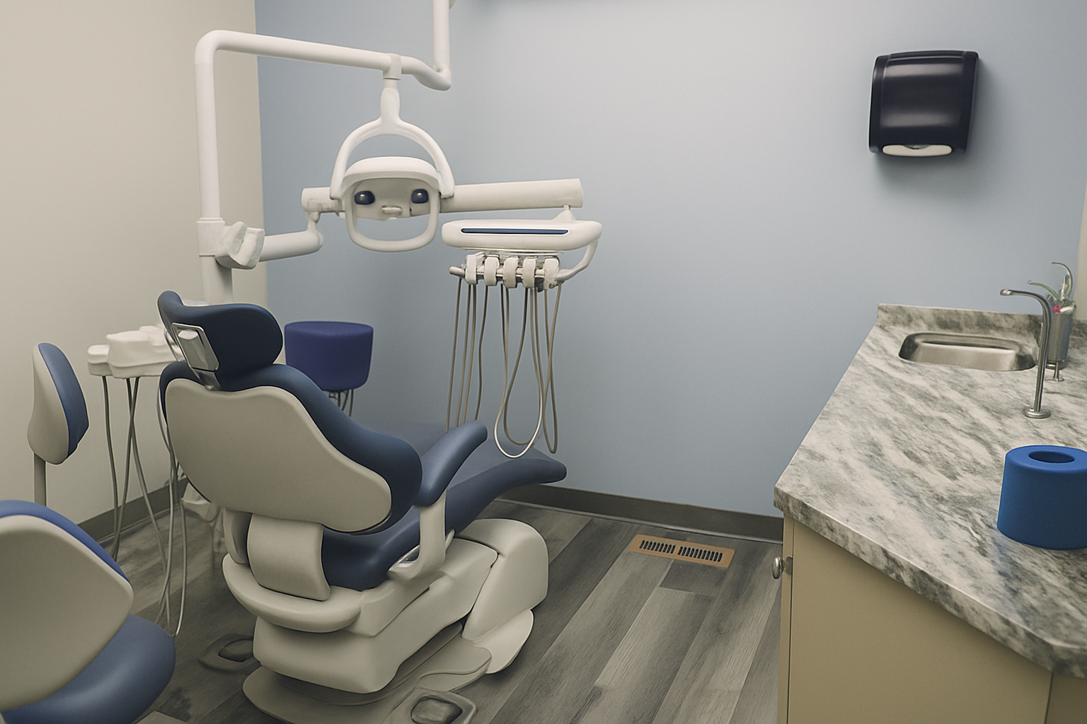Empty dental examination room featuring a blue and white dental chair, overhead light, dental tools, and a countertop with a sink.