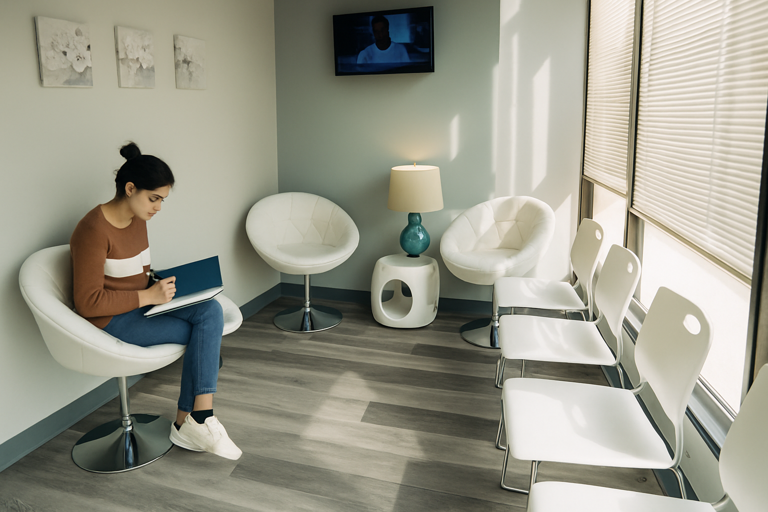 Woman in a brown sweater and jeans sitting on a white chair writing in a notebook in a bright waiting room with white chairs and a lamp.