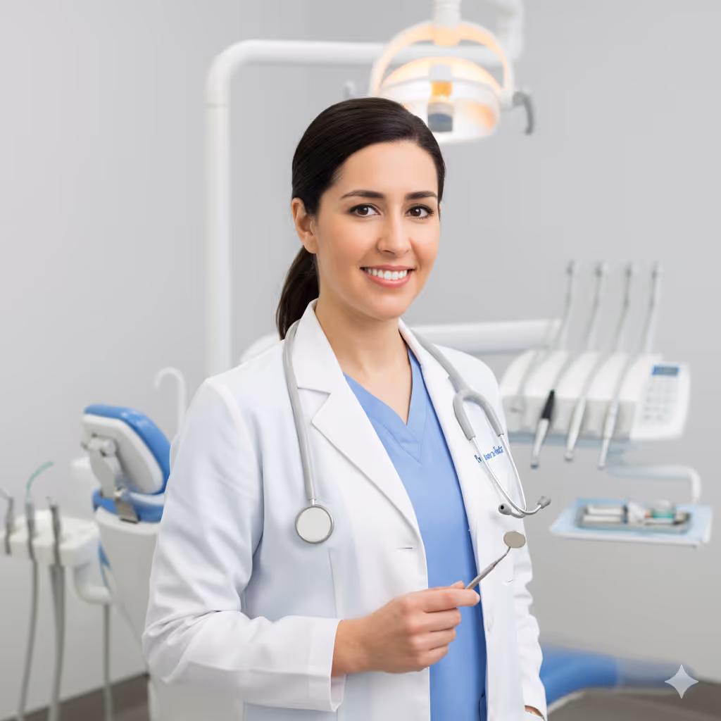Female dentist in a white coat and blue scrubs holding a dental mirror in a dental clinic.