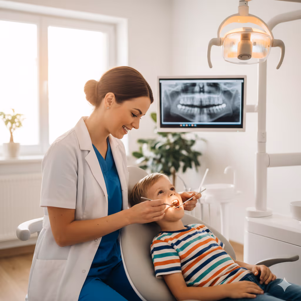 Smiling female dentist examining a young boy's teeth in a dental clinic with a dental X-ray displayed on a monitor.
