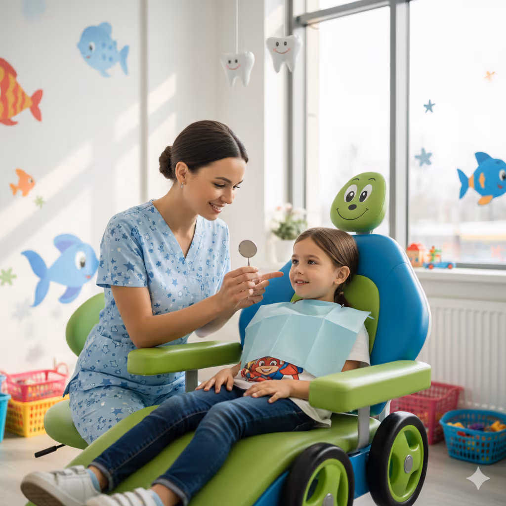 Female dentist in blue scrubs showing a dental mirror to a young girl sitting in a colorful children's dental chair with fish decorations on the walls.