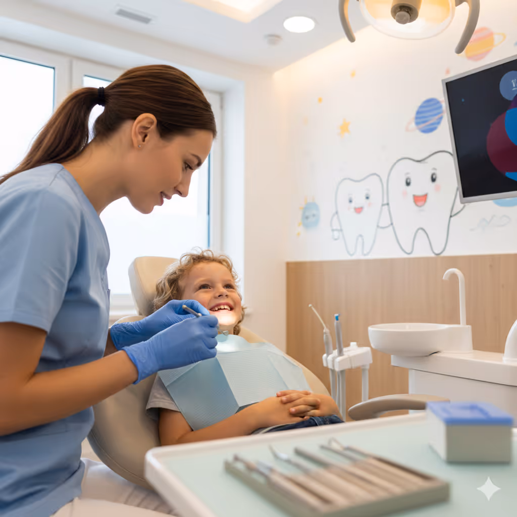Female dentist wearing blue gloves examining a smiling young boy's teeth in a colorful dental office with cartoon tooth decorations.