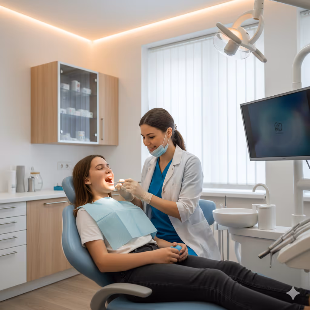 Female dentist examining the teeth of a young female patient reclining in a dental chair in a modern clinic.