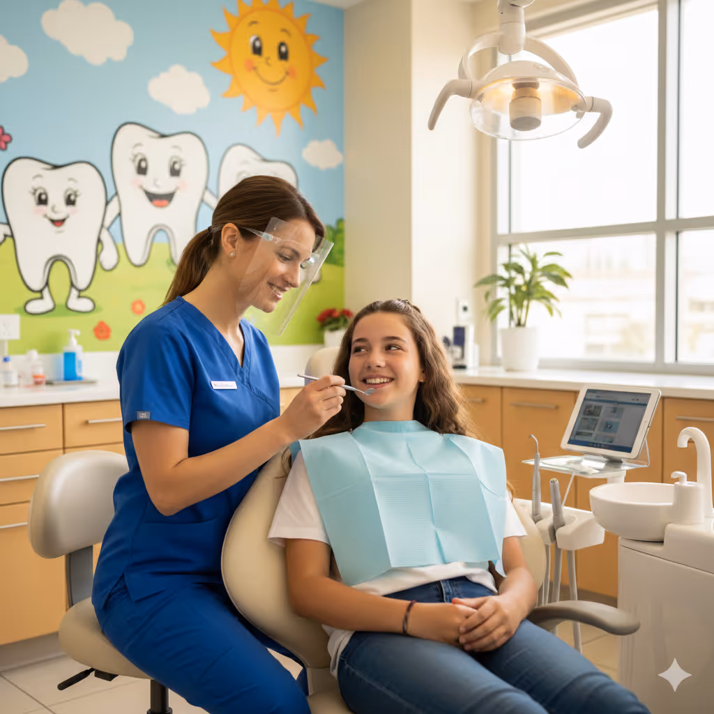 Dentist wearing blue scrubs and face shield examining smiling young girl sitting in a dental chair with a bib in a colorful dental office.
