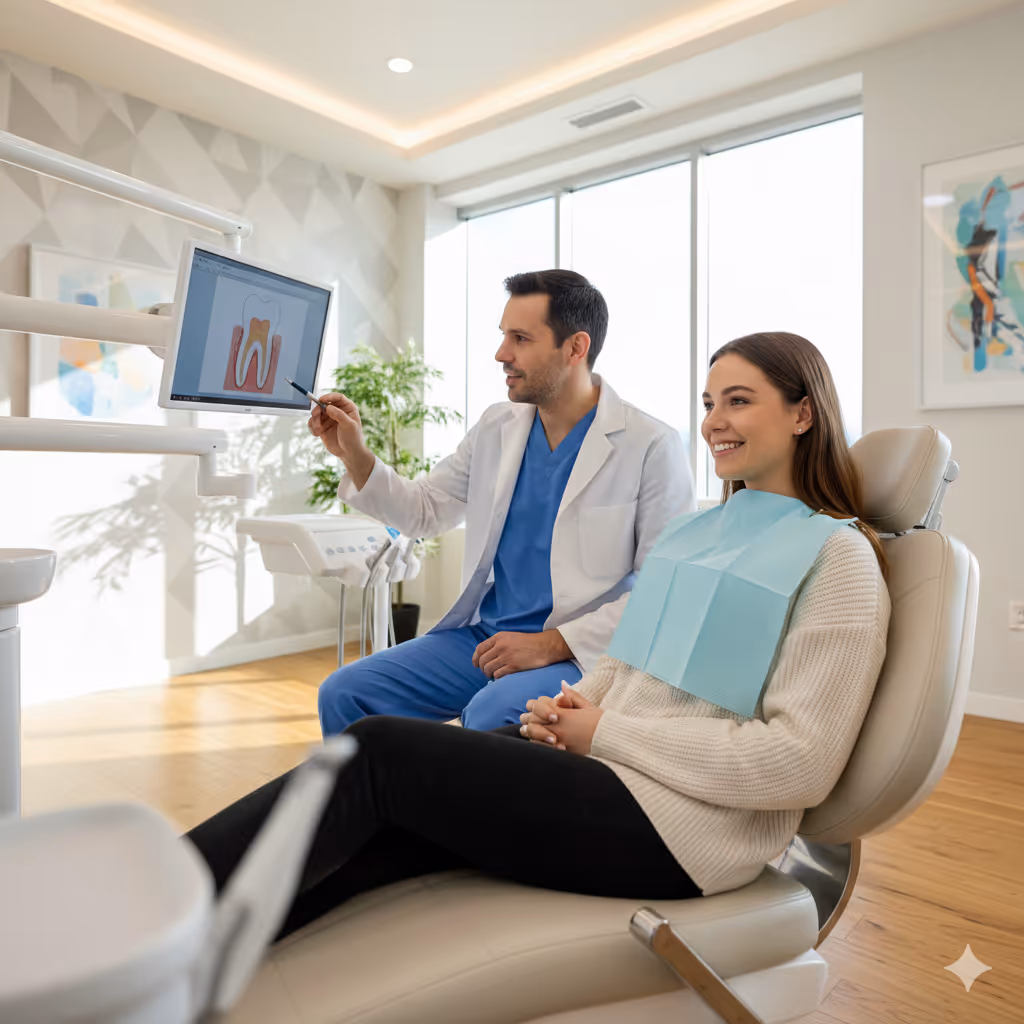 Dentist in white coat explaining tooth anatomy on monitor to a smiling female patient in dental chair.