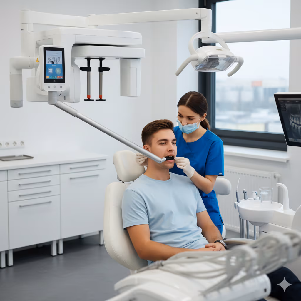 Dentist in blue scrubs and mask taking a dental x-ray of a seated male patient using a panoramic dental x-ray machine in a modern dental clinic.