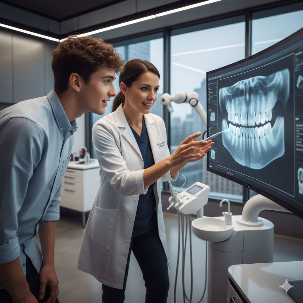 Dentist in a white coat showing a young male patient a digital dental X-ray on a screen in a modern clinic.
