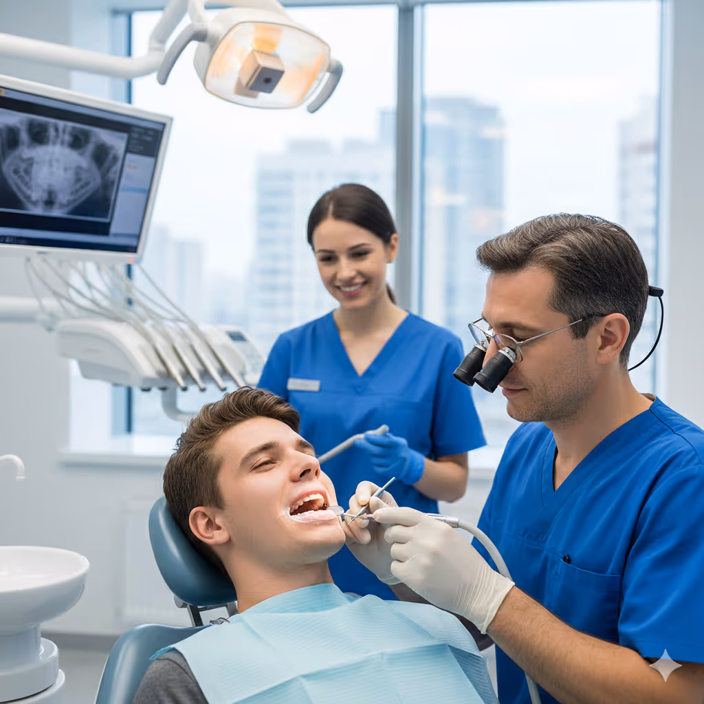 Dentist wearing magnifying glasses examines a smiling male patient’s teeth while a dental assistant stands nearby holding a suction tool.