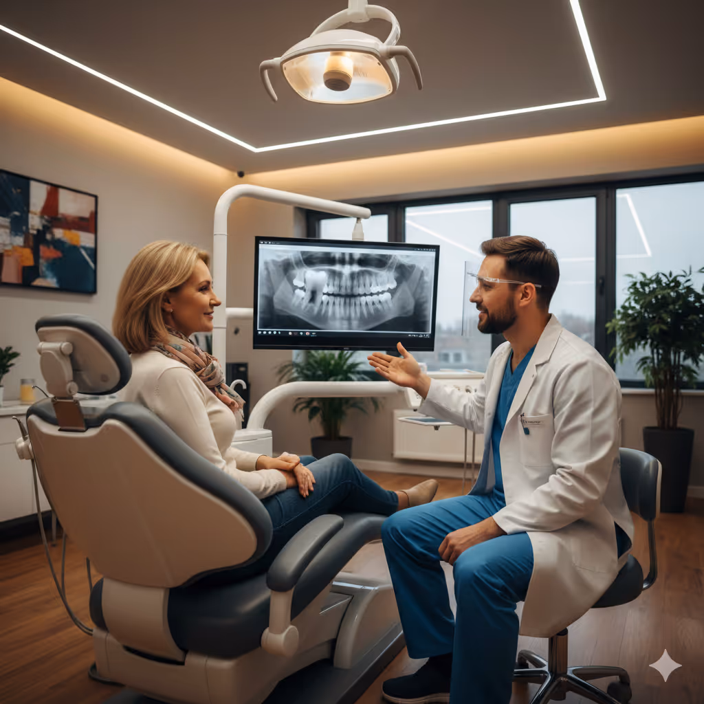 Dentist in white coat explaining dental X-ray displayed on monitor to female patient sitting in dental chair.
