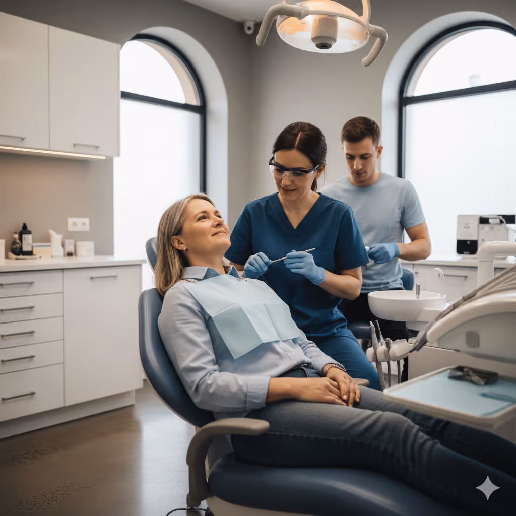 Female patient reclined in dental chair with female dentist and male assistant preparing tools in a modern dental clinic.